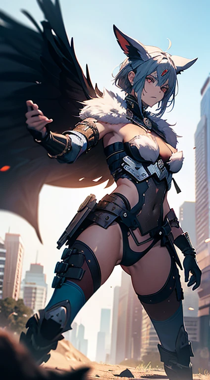 ((highest quality)),(ultra high resolution),(Super detailed),(detailed description),((best CG)),(best work of art),super precision art,great drawing art,(Sci-fi art with precise details:1.5), (1 woman:1.8),(beautiful and well-shaped face:1.5),(Inventor:1.6),((He carries a large mechanical wing on his back.:1.5)),Oil-stained workwear:1.5 Rooftop of a skyscraper:1.5