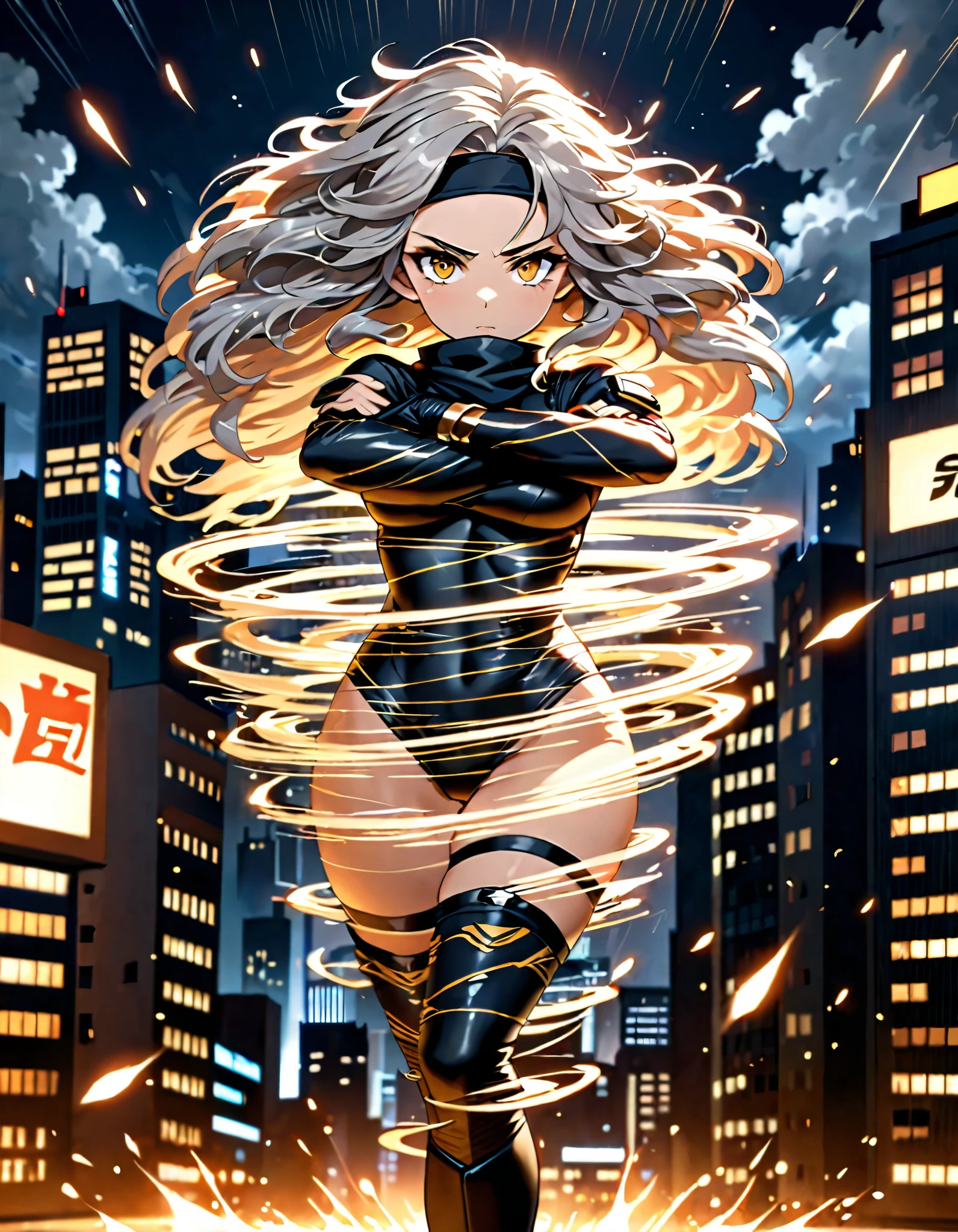 masterpiece, best quality, 1girl, grey hair, shoulder length hair, wavy hair, black hairband, auburn eyes, beautiful detailed eyes, beautiful detailed face, cute face, stoic, professional, ninja, black leotard, black tactical gloves, bare legs, gold bracelets, black thigh-high boots, cityscape, night, noir atmosphere. (back view, rear view), spins in place like a (tornado), spins like a tornado, (she spins) at an incredible speed, creating a whirlwind of air around her, spiral lines around, cyclone winds around, tornado spinning.