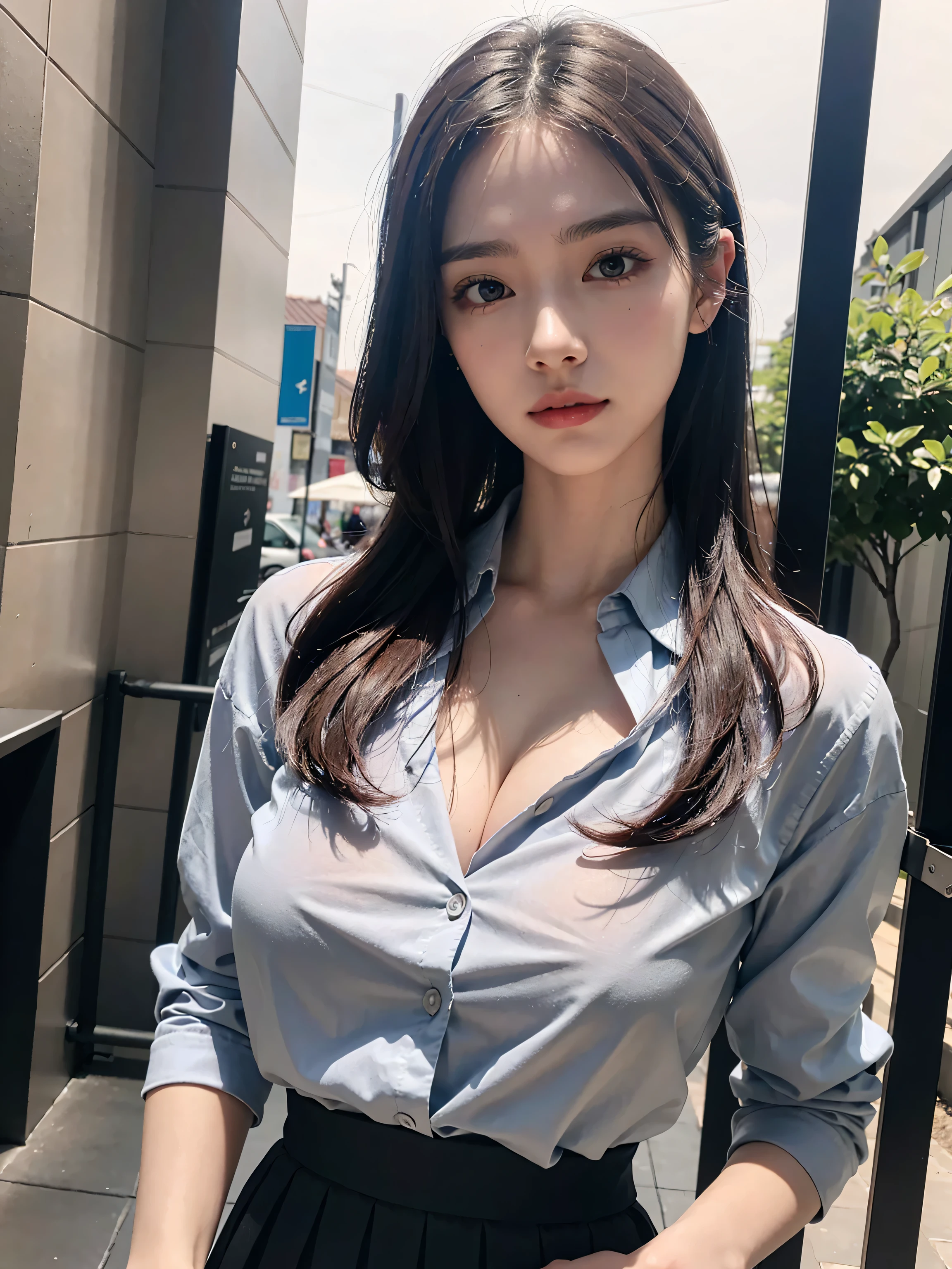 ((best qualtiy, 8k, tmasterpiece:1.3)), sharp:1.2, perfect figure beautiful woman:1.4, Slim abs:1.2, ((Layered Hair Style, huge tit:1.2)), (Soaked black button-down shirt:1.1),(Sateen,the street:1.2),Get wet:1.5,Highly detailed facial and skin texture,A detailed eye,二重まぶた