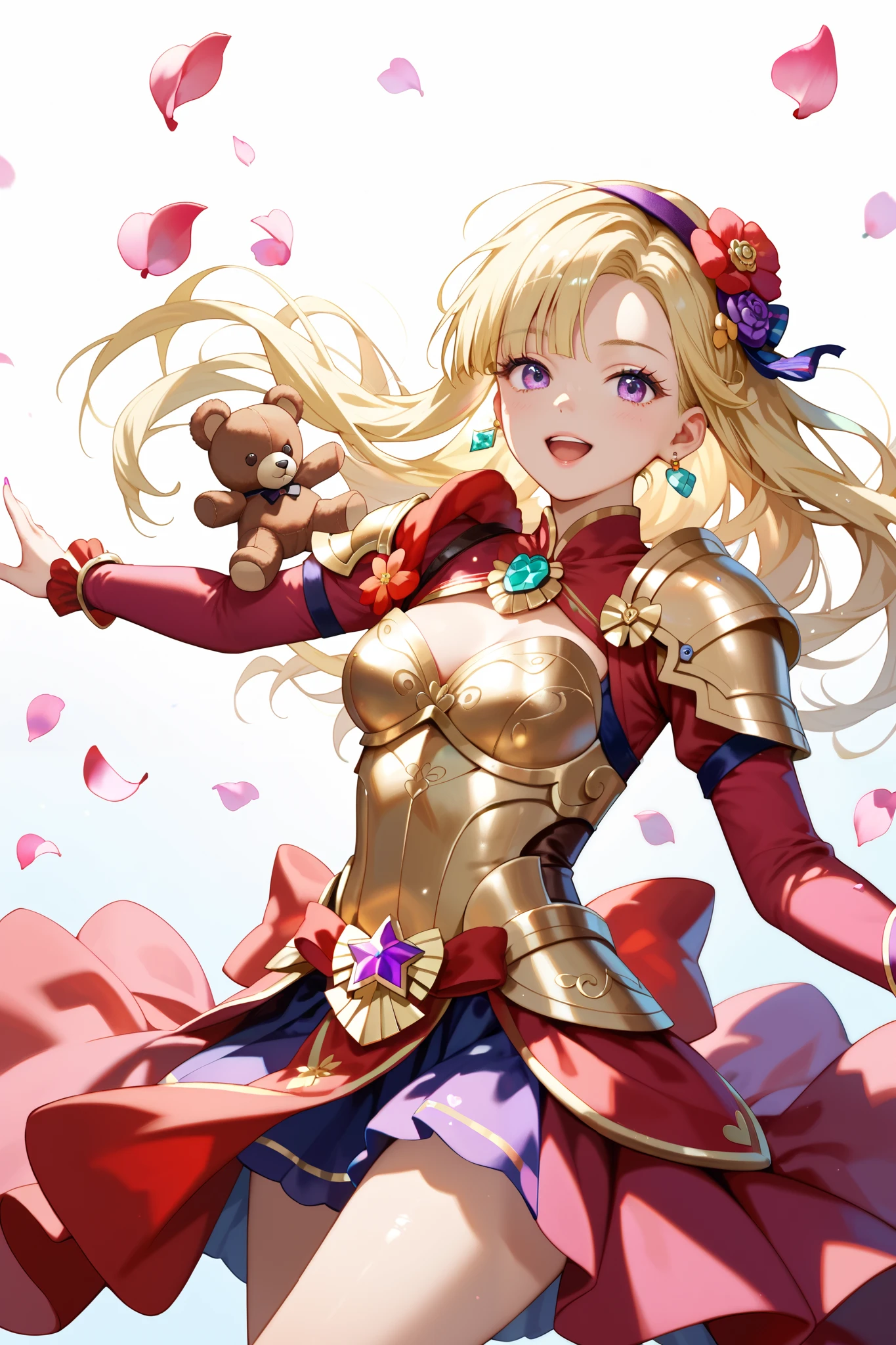 A female swordsman wearing luxurious Western-style golden armor(teddy bear),During combat, dynamic action poses,Surrounded by gorgeous flowers , Petals dance , Warm Light, sparkling effect, The light is shining , glitter effect, blonde, long hair, mysterious atmosphere ,側にteddy bear