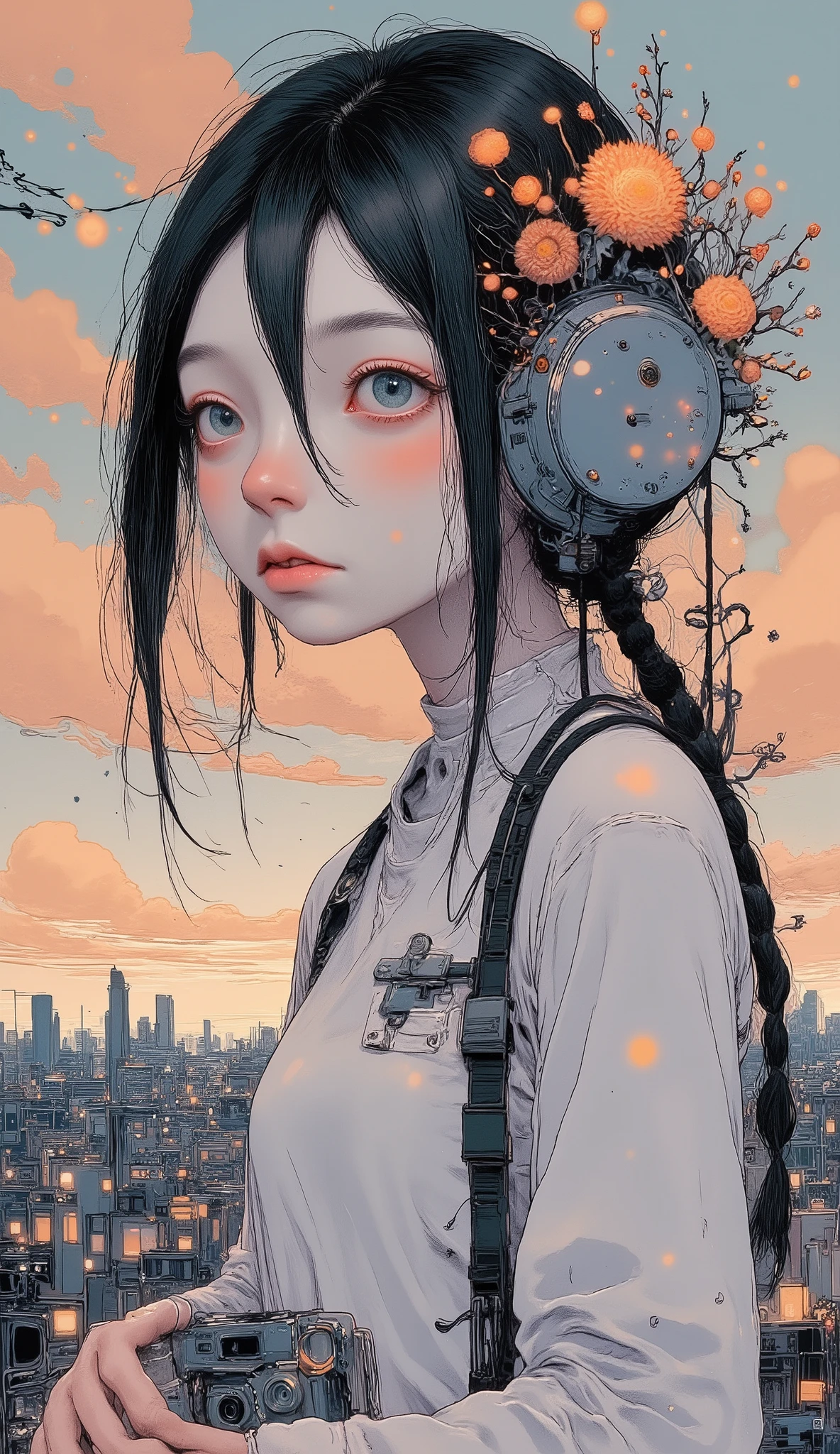 Famous Paintings、 highest quality、 Multi-tenant Building Rooftop、woman、Very depressed、 long black hair、 braids、 pigtails、 bangs with lots of flowers 、 headphones、 upper body、 sailor suit 、 hanging a polaroid camera with a strap around her neck、 moderate bust、sunset、 backlit、Red Dyed World 、Expanding Cities