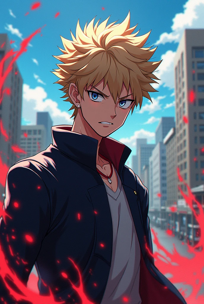 1boy, male, bakugou katsuki, (hero_suit:1.3), (teenager:0.4), belt, walking, (fire:0.6) approaching, (blood on face:0.8), (thin:0.4), rangy, tendinous, (rage:0.4), (angry:0.9), burning city background, masterpiece, detailed face, (lens flare:0.5), (night:1), dark, (highlights:0.5), (realistic:1.5), ray_tracing, insane details, <lora:bakugouKatsukiMyHero_v10:0.5>