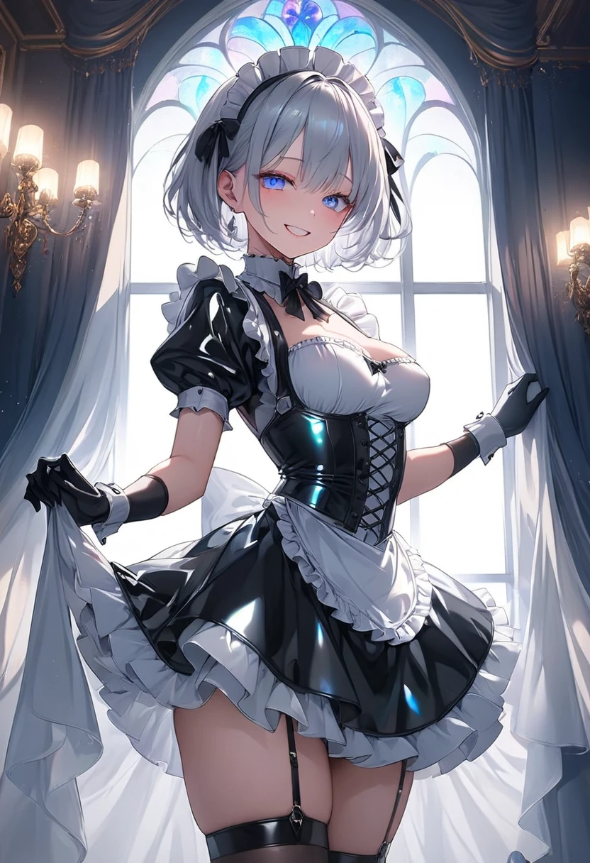 (1girl, NSFW, neferpitou, beautiful girl, beautiful face ((neferpitou)), look at viewer, humiliated, front face, rem, blue eyes, blue hair, hair ornament, hair over one eye, hair ribbon, short hair, x hair ornament
apron, black ribbon, black skirt, black sleeves, detached collar, detached sleeves, flower, frilled apron, frilled skirt, frills, head wreath, long sleeves, maid, miniskirt, neck ribbon, purple ribbon, ribbon, ribbon trim, ribbon-trimmed sleeves, roswaal mansion maid uniform, short hair, skirt, thighhighs, waist apron, white apron, white thighhighs,, huge ass, wide hips, large breasts, blush, sweat, realistic, huge breasts), (beautiful, masterpiece, super detailed, perfect lighting, shiny), (white wall, low angle,