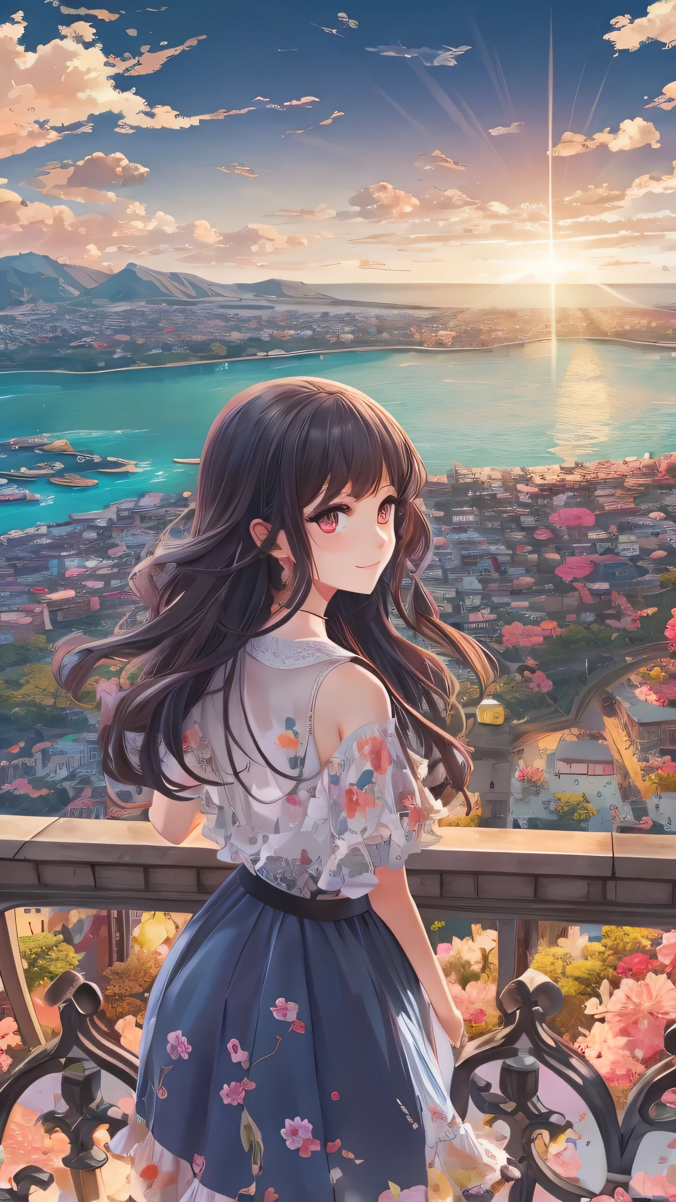Masterpiece, top quality, { top quality}, {{ Masterpiece}}, { high resolution}, concentrated, Anime style view from the top of the hill, woman from the top of a hill with a view of the ocean, girl design, portrait , Gisha, Anime Illustration , long hair, black hair, straight eyes , full body high quality image , Cartoon closeup of a , exotic, tall , cute girl, smiles, chic, colorful, colors、Close up of a cartoon of a 。