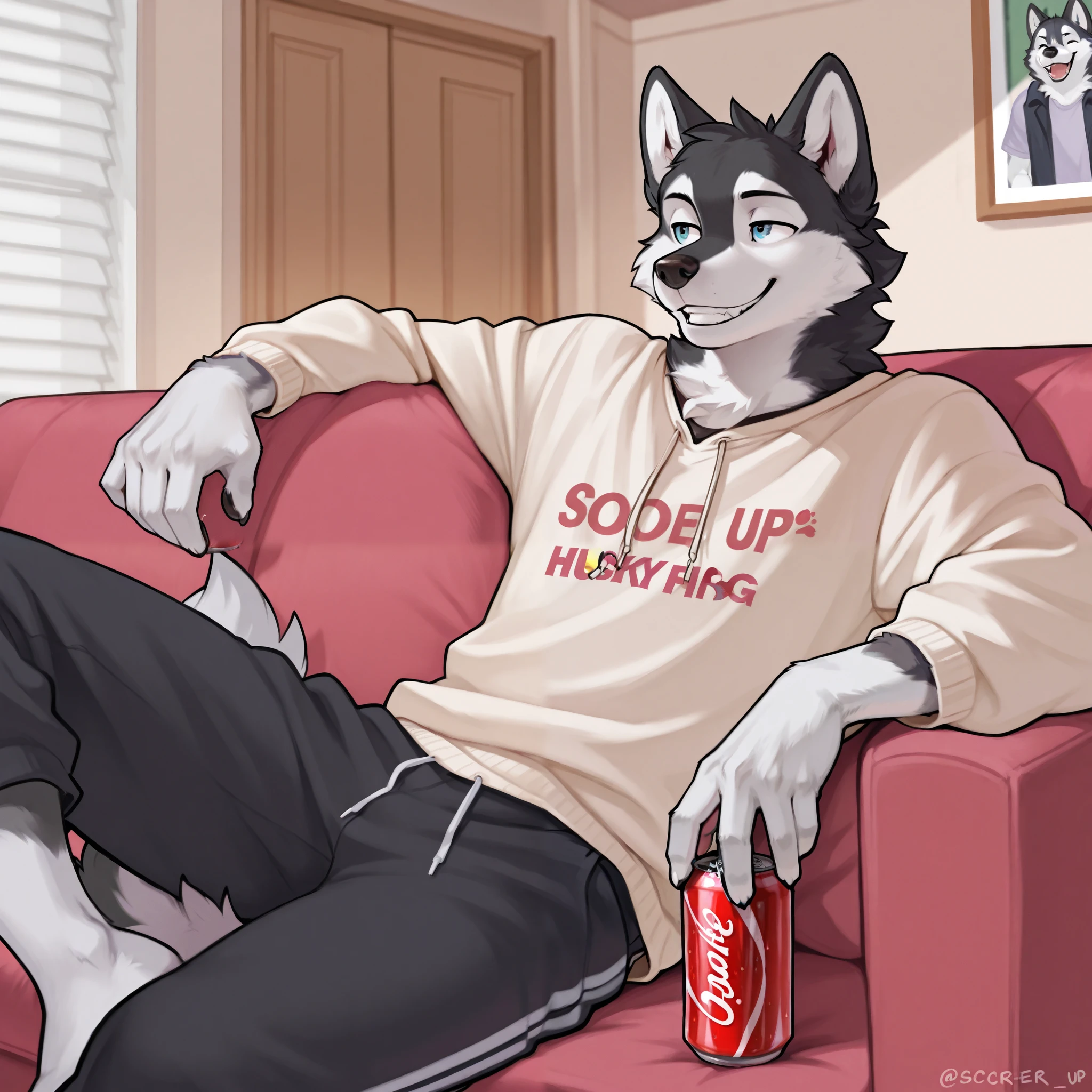 Dog, husky dog, husky dog furry, man, masculine, soda can, lounging on sofa, smiling, husky dog fur, casual clothes, frat house, solo.