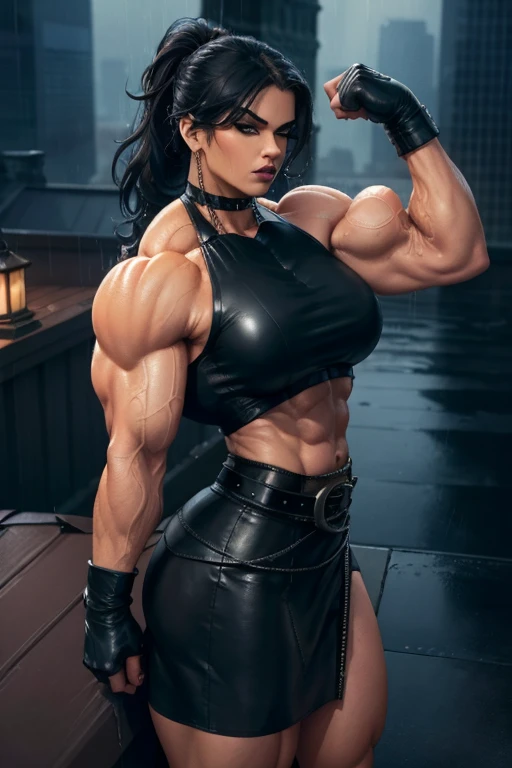 ((Close-up)), tall, (wet royal blue hair) beautiful wet muscular woman, long curly wavy har, pale white skinned, large breast, closed smile, (black lipstick), (massive muscles), (hyper muscle), ((ginormous bulky muscles)), white eyes, (((black leather top))), (((black leather pleated skirt with belt))), (fingerless gloves), choker, boots, in a dark raining street,