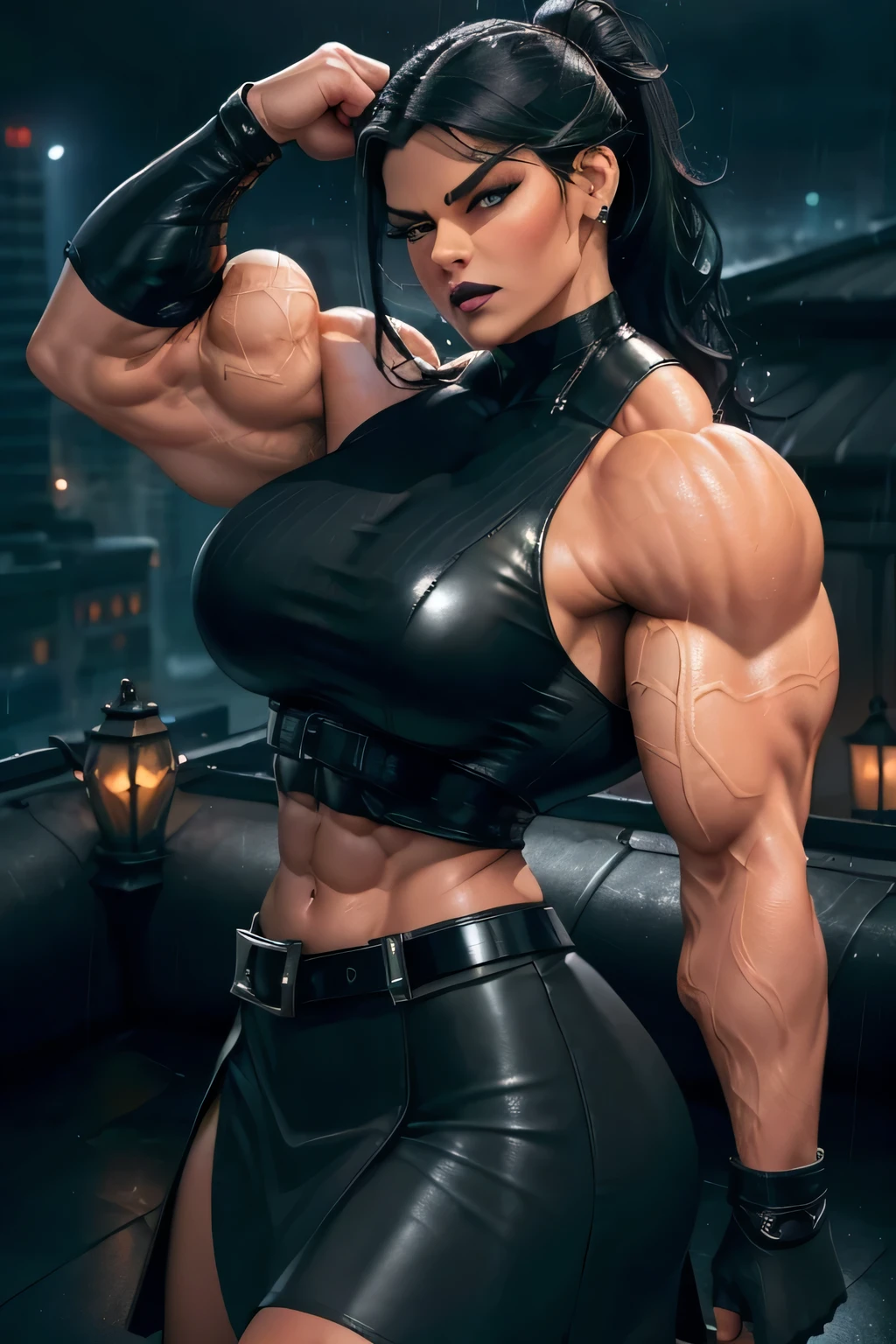 ((Close-up)), tall, (jet black hair) beautiful muscular woman, wet wavy ponytail, black skinned, smirking, (black lipstick), (massive muscles), (hyper muscle), (((ginormous bulky muscles))), white eyes, (((black leather crop top))), ((((leather formal skirt with belt)))), (dark, moody and rainy world:1.3), (fingerless gloves), choker, (((flexing biceps))), high heel boots, night ((dilapidated rainy rooftop)),