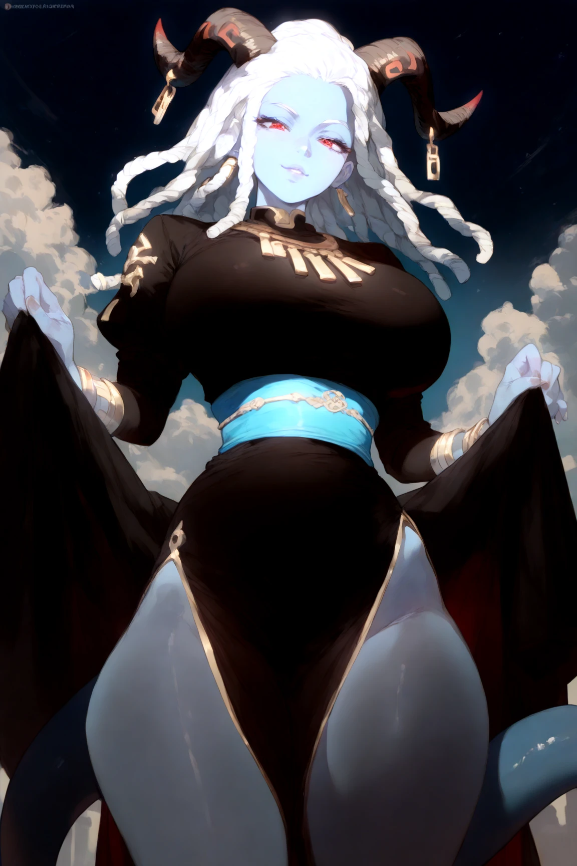 Urd, 1girl, solo, dark skin, purple color eyes, cleavage, smile, standing, full body, no background, perfect quality, good quality, masterpiece, HDR, UHD