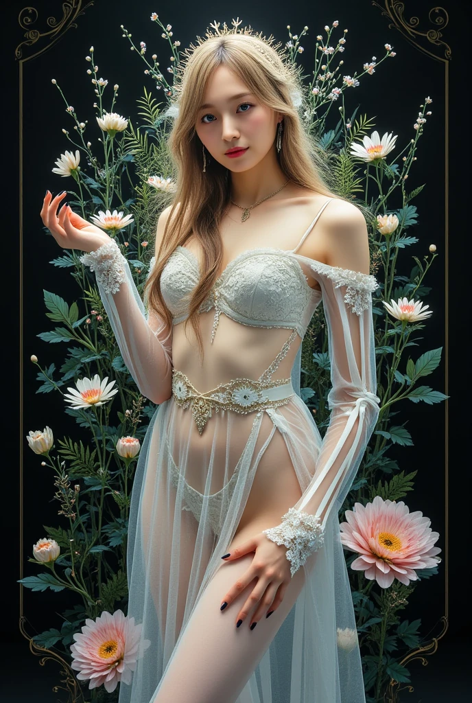 exuberante y voluptuosa mujer parecida a emma watson con un traje de seda transparente que deja entrever su cuerpo andando por un campo de flores.