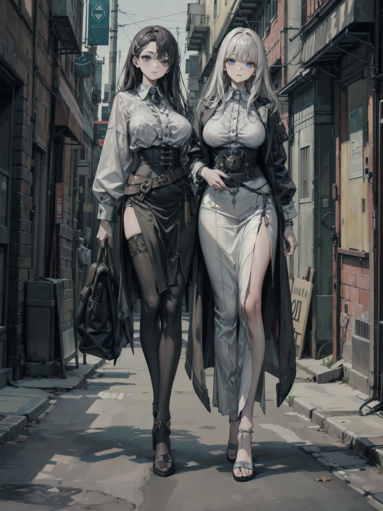 Two women dressed in black and white walking down the street, trending on cgstation, Range Murata and Artgerm, Realistic anime 3 D style, black-white skintight robes!, two beautiful anime girls, Ruan Jia and Artgerm, in city street, krenz cushart and wenjun lin, nixeu and sakimichan