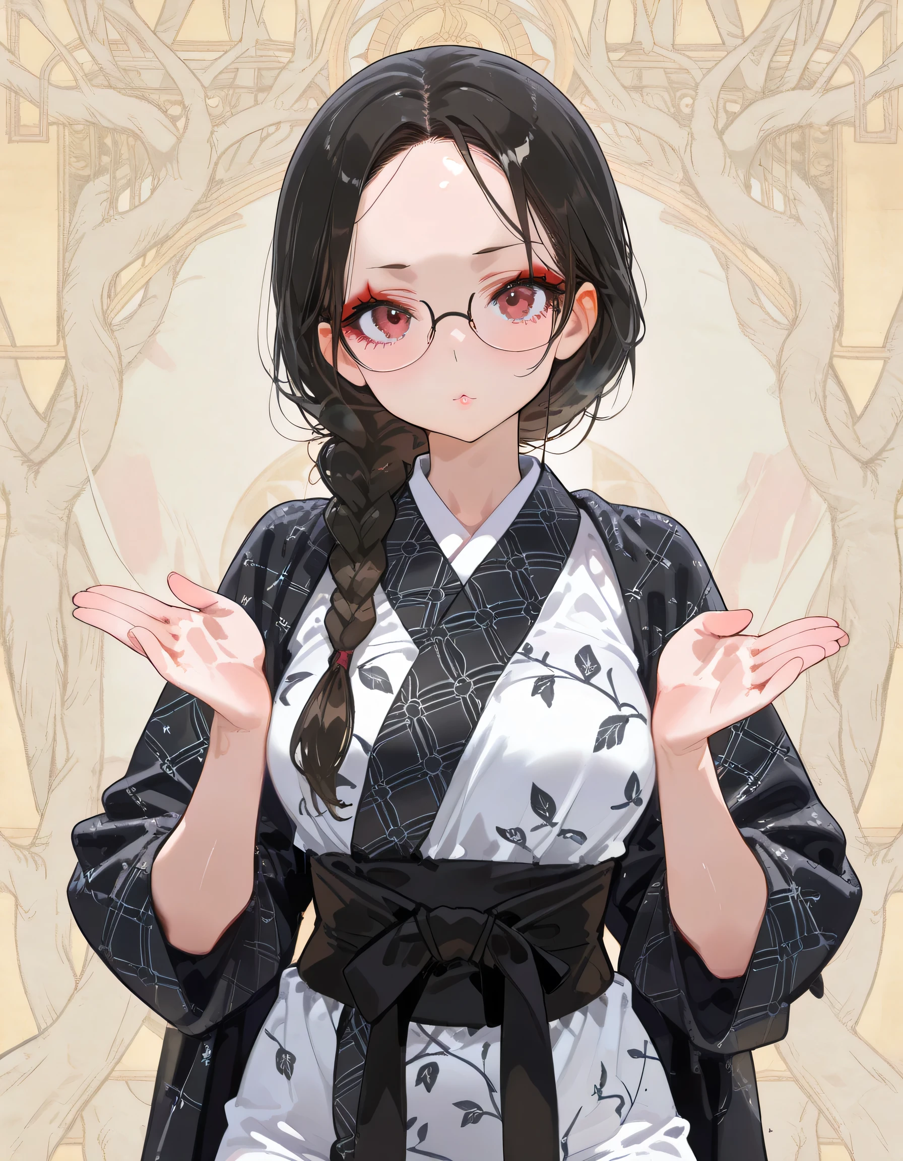 looking at viewer,Alone,( sexy model pose ),makeup:0.6,glasses,natural cosmetic, black single braid,forehead,Russian,black classic pattern robe,cheek,Beautiful adult female face,shiny skin,
