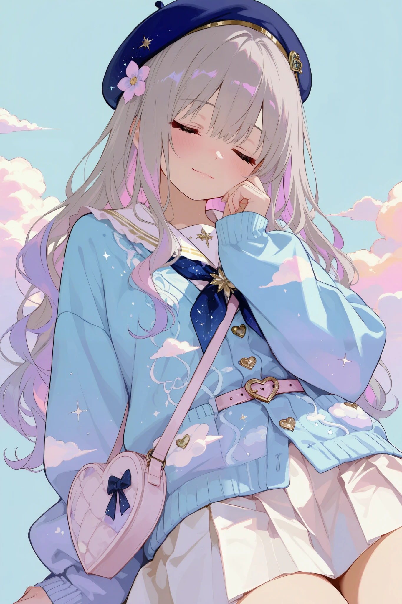 masterpiece, best quality, 8k, highres, ultra-detailed,HDR, UHD, studio lighting, ultra-fine painting, sharp focus, physically-based rendering, extreme detail description, professional, illustration,pastel,
Low Fidelity (lofi) art style,
pastel pink and purple tones,
soft orange, best quality, 1girl, pastel colors, gray hair, wavy hair, beret, cloud pattern, blue beret, blue cardigan, cloud design, white skirt, heart-shaped belt, crossbody bag, moon and stars motif, flower accessory, closed eyes, soft smile, dreamy atmosphere, minimal background, light blue background, celestial theme, cute style