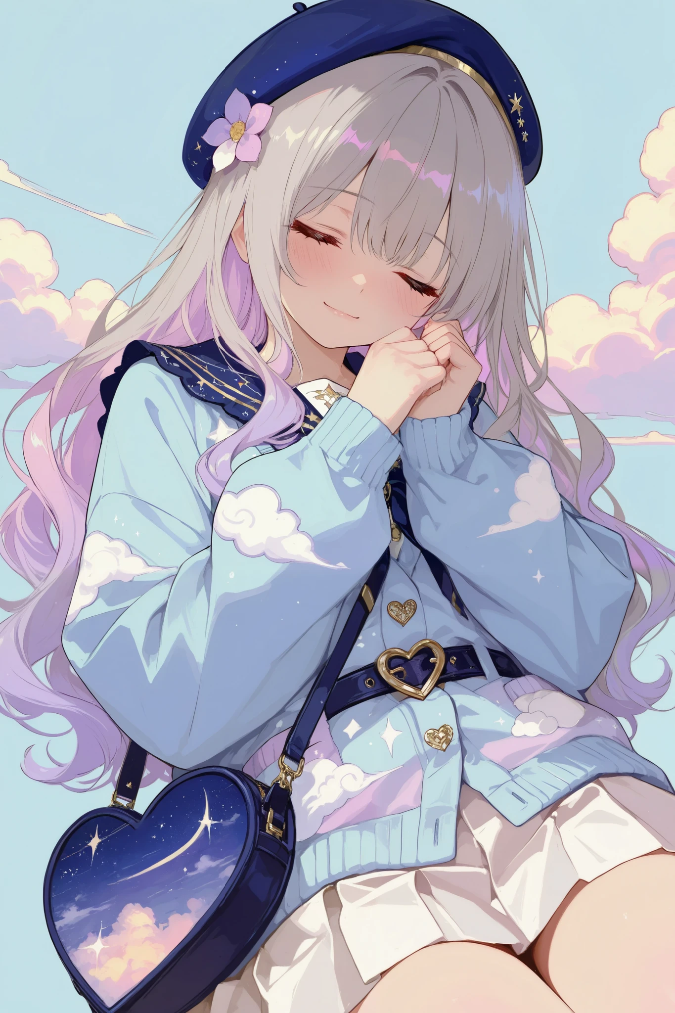 masterpiece, best quality, 8k, highres, ultra-detailed,HDR, UHD, studio lighting, ultra-fine painting, sharp focus, physically-based rendering, extreme detail description, professional, illustration,pastel,
Low Fidelity (lofi) art style,
pastel pink and purple tones,
soft orange, best quality, 1girl, pastel colors, gray hair, wavy hair, beret, cloud pattern, blue beret, blue cardigan, cloud design, white skirt, heart-shaped belt, crossbody bag, moon and stars motif, flower accessory, closed eyes, soft smile, dreamy atmosphere, minimal background, light blue background, celestial theme, cute style