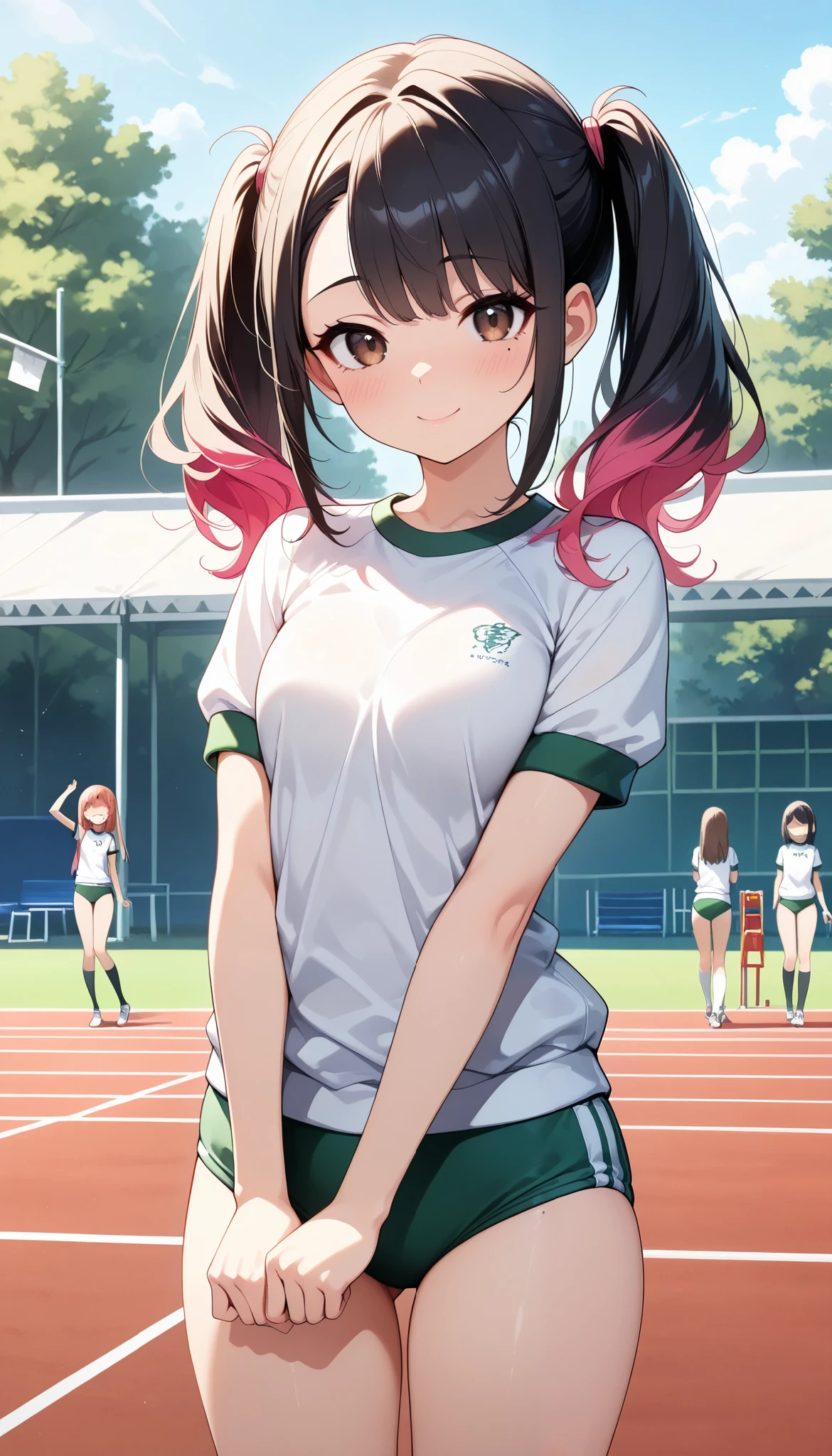 ( Cute Girls , petite body, brown eyes), 1 female:1.6, ( beautiful high school girl , black hair with pink inner color hair, High Positioned Twin Tails , asymmetrical bangs , mole under the eye:1.2, small face, beautiful skin, Embarrassed smiling face, blush), Beautiful and shining eyes, glossy lips , very detailed目と顔, long eyelashes, (Crew neck shirt, GREEN BURUMA , poses on a track and field track), cowboy shot, School playground scenery :1.2, Quiet, light shining in ,( highest quality:1.2, very detailed, high detailed CG illustration , Soft Focus , Masterpiece:1.2, Best Aesthetics), Perfect face , Perfect Hands, PERFECT LEGS , perfect fingertips,