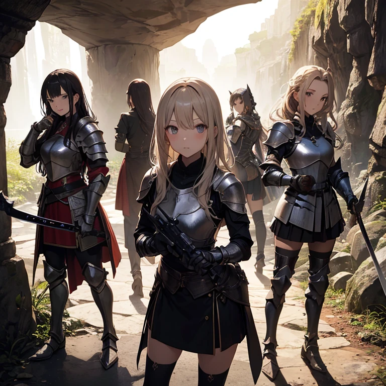 A group of  female medieval fantasy adventurers, (in cave), various hair styles, harem, dark, details face, short skirt, seducing, sleeveless, armor 