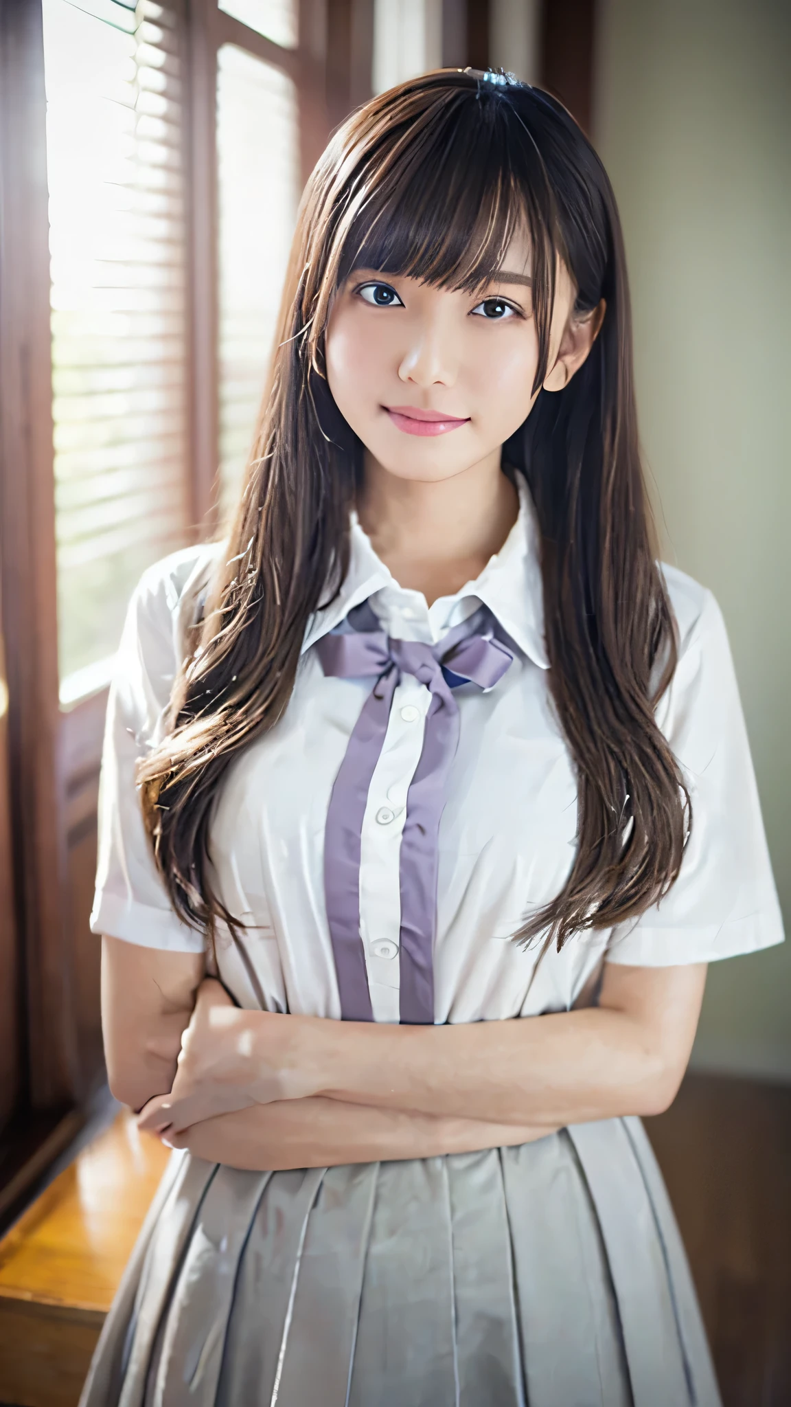 top quality、4K、8k、 HD、 Masterpiece:1.2、 very detailed、 Genuine:1.37、
portrait 、Gentle colors、Gentle Light、 beautiful girl、
wears long flowing hair、 gentle face、Thoughtful eyes 、
white skin、 happy expression 、 soft pastel color、 great atmosphere 、
shirt、Subtle brushwork、Dreamy composition、 staring into the distance 、 ROMANTIC ATMOSPHERE 、
achromatic 、 Soft Shadows 、 show their full body、
plump breasts、I'm wearing a 、 high school uniform、