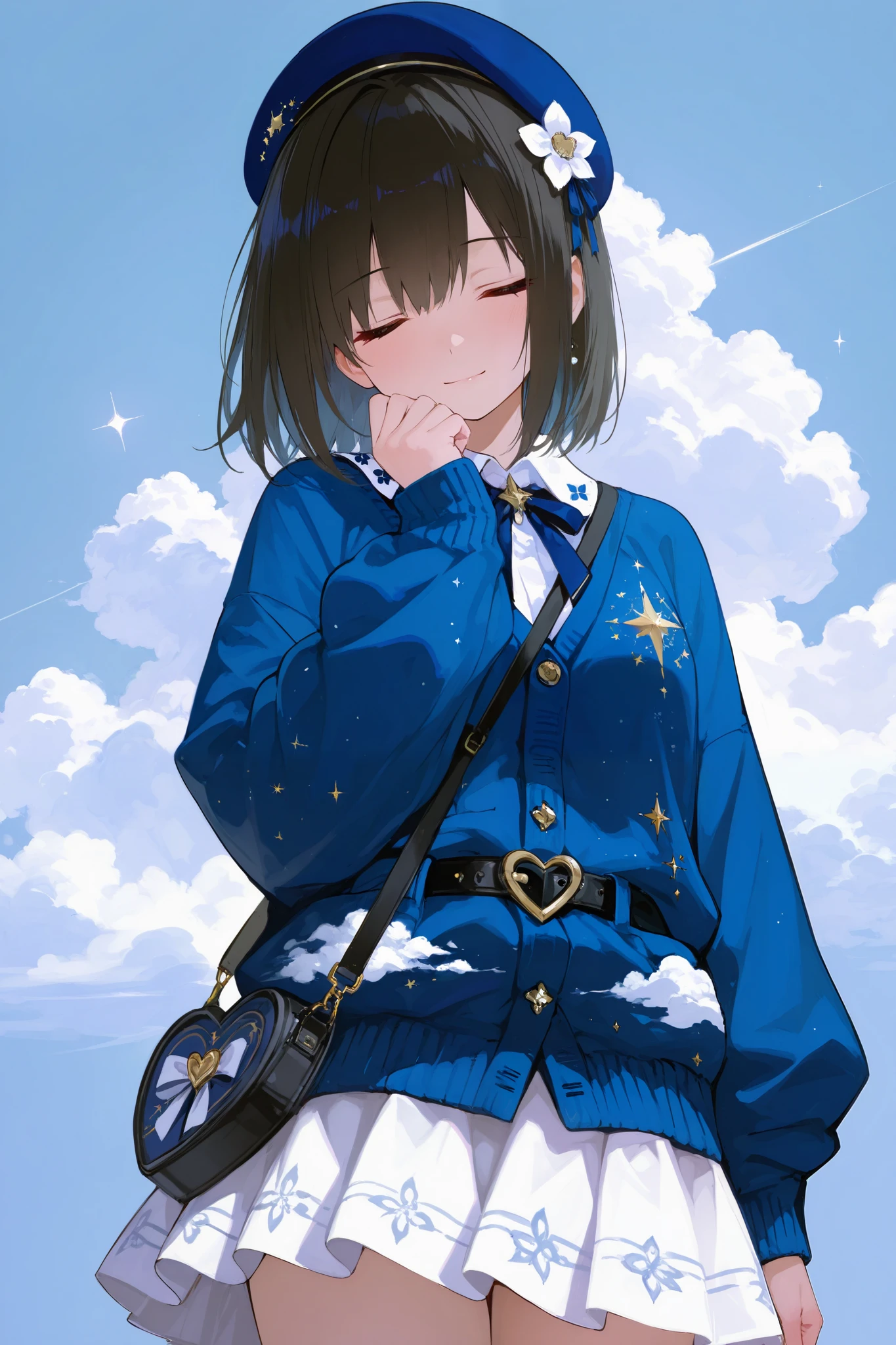masterpiece, best quality, 8k, highres, ultra-detailed,HDR, UHD, studio lighting, ultra-fine painting, sharp focus, physically-based rendering, extreme detail description, professional, illustration, beret, cloud pattern, blue beret, blue cardigan, cloud design, white skirt, heart-shaped belt, crossbody bag, moon and stars motif, flower accessory, closed eyes, soft smile, dreamy atmosphere, minimal background, light blue background, celestial theme, cute style