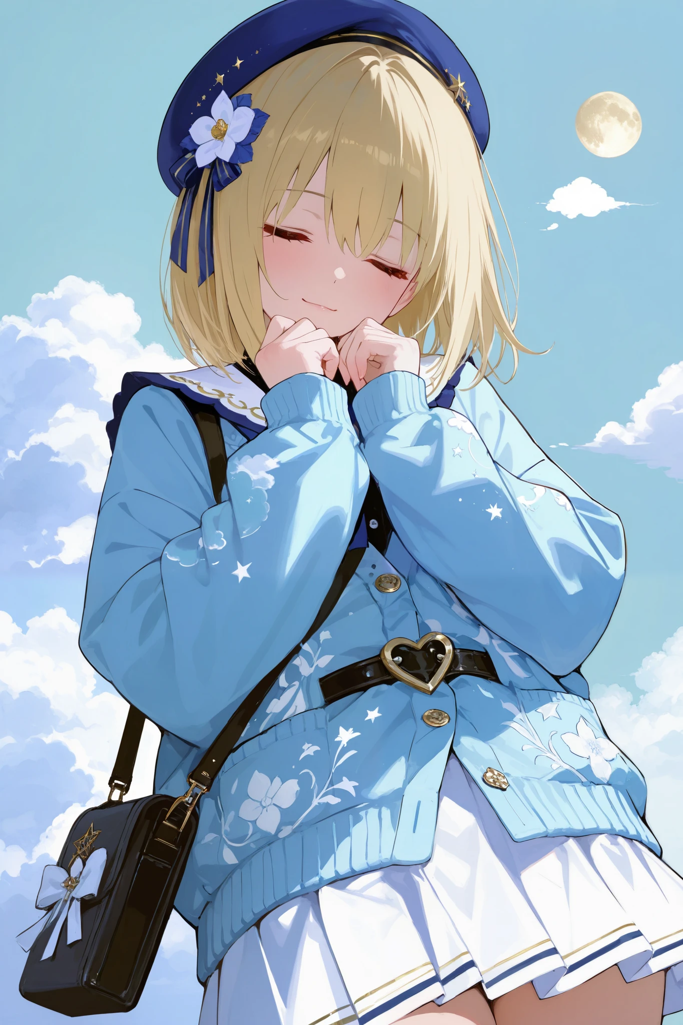 masterpiece, best quality, 8k, highres, ultra-detailed,HDR, UHD, studio lighting, ultra-fine painting, sharp focus, physically-based rendering, extreme detail description, professional, illustration, beret, cloud pattern, blue beret, blue cardigan, cloud design, white skirt, heart-shaped belt, crossbody bag, moon and stars motif, flower accessory, closed eyes, soft smile, dreamy atmosphere, minimal background, light blue background, celestial theme, cute style