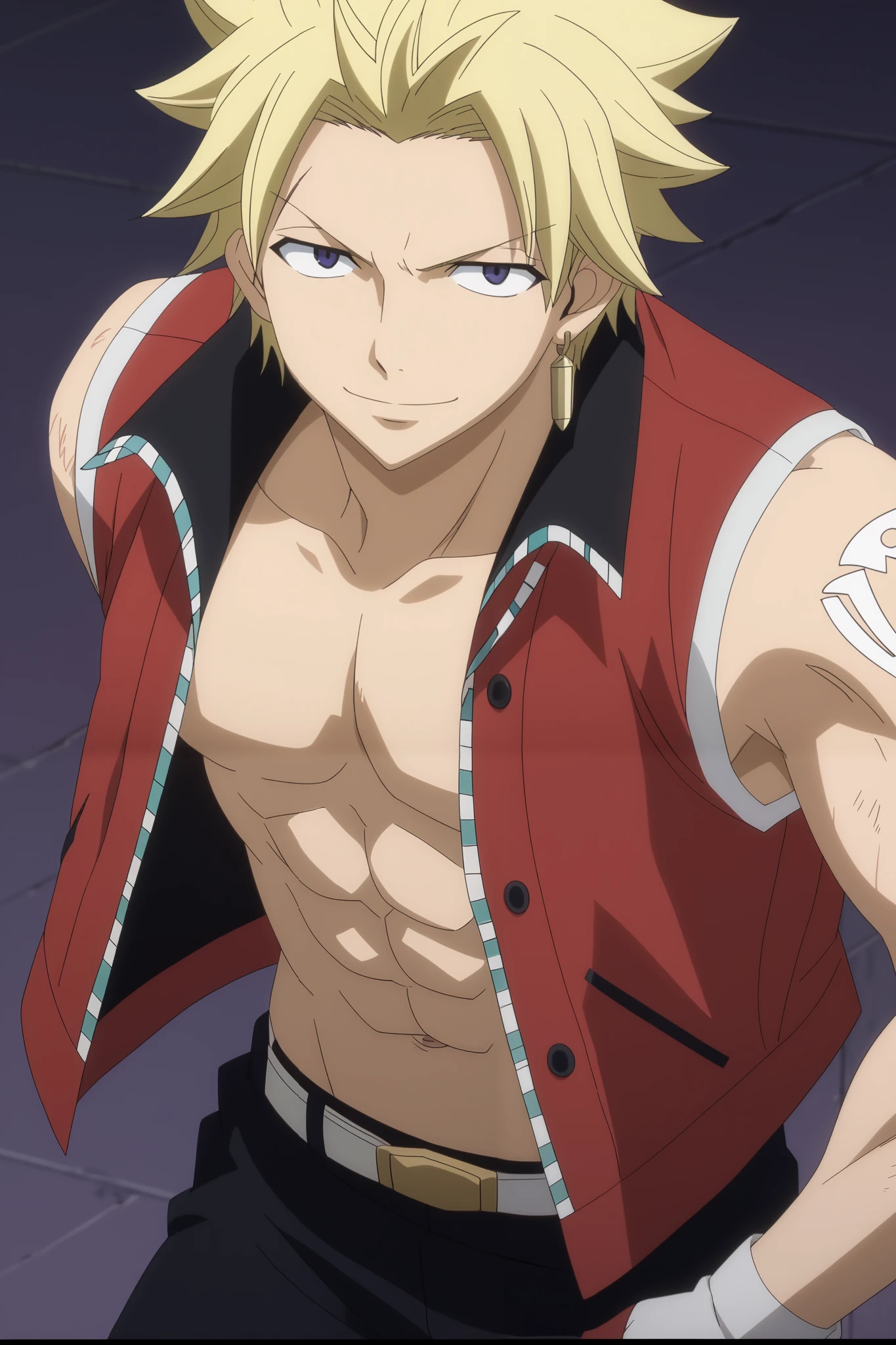 close-up, looking at viewer, score_9, score_8_up, score_7_up, source_anime, StingFT, Sting blonde hair, light yellow Sting, 1boy, male focus, anime screencap, a red men's jacket with black details, which fits his athletic figure. Underneath, he wears a black long sleeved T-shirt. His pants are dark and tight fitting, and he completes the look with white fingerless gloves that add a modern touch. He also usually wears a belt with a decorative buckle. Official style, smile, happy