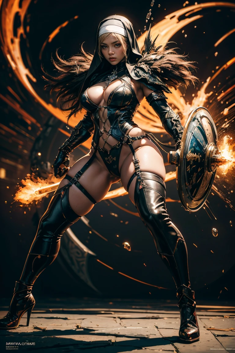 "Illustrate Vex from League of Legends by Riot Games, in her Nightbringer skin, with demonic, shadow-infused armor and a sinister staff, featuring a terrifying, yet alluring look, having massive k-cups:1.55. She's in a dark, fiery underworld with lava and shadows, in an attractive pose, commanding the darkness."