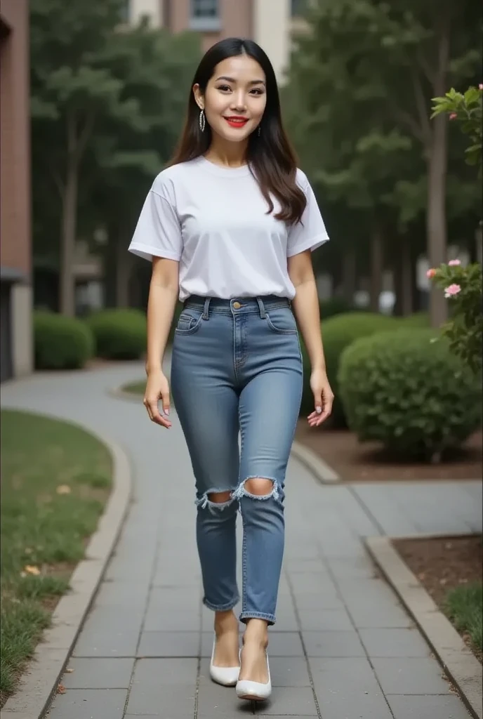 Girl, light blue jeans, maroon red tshirt, full body, indonesian face, peeing
