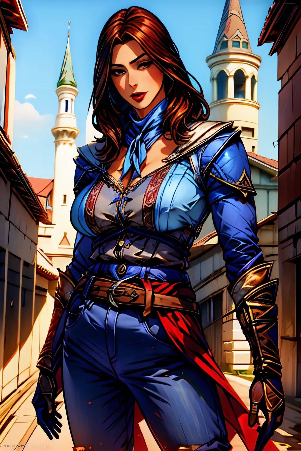La mujer, botas hasta la rodilla, medias, stockings, (((blue clothes, blue shirt, blue trousers, gloves, neck scarf, belt))), botas altas, ((afternoon, town), muy detallado, Realistic long-term photography, 4k, pelo largo, brown hair, By the chestnut, labios rojos, gargantilla, chocker, sexy,red lips, brown eyes, big breasts, pechos grandes, breasts,Lucia Auditore)))