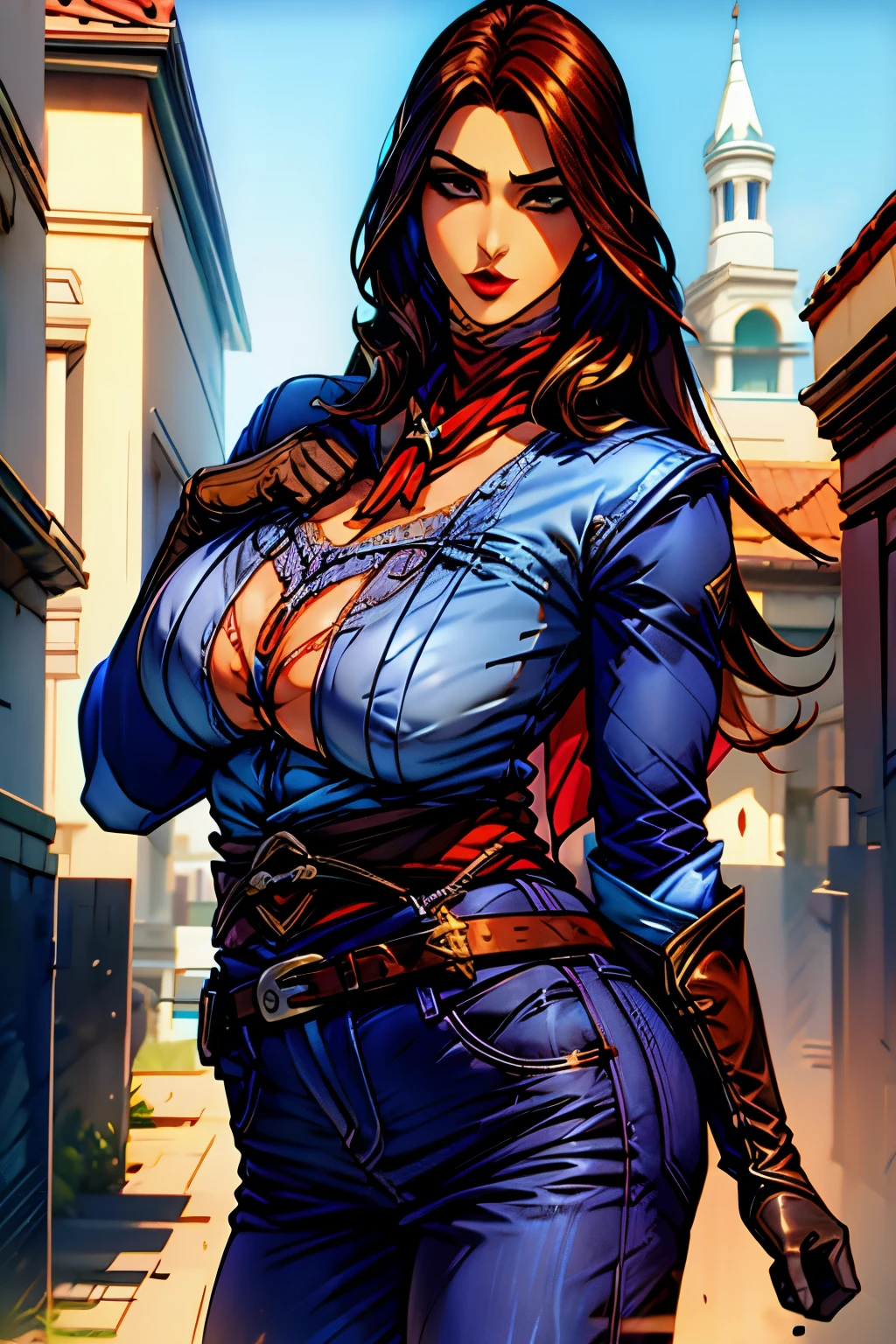 La mujer, botas hasta la rodilla, medias, stockings, (((blue clothes, blue shirt, blue trousers, gloves, neck scarf, belt))), botas altas, ((afternoon, town), muy detallado, Realistic long-term photography, 4k, pelo largo, brown hair, By the chestnut, labios rojos, gargantilla, chocker, sexy,red lips, brown eyes, big breasts, pechos grandes, breasts,Lucia Auditore)))