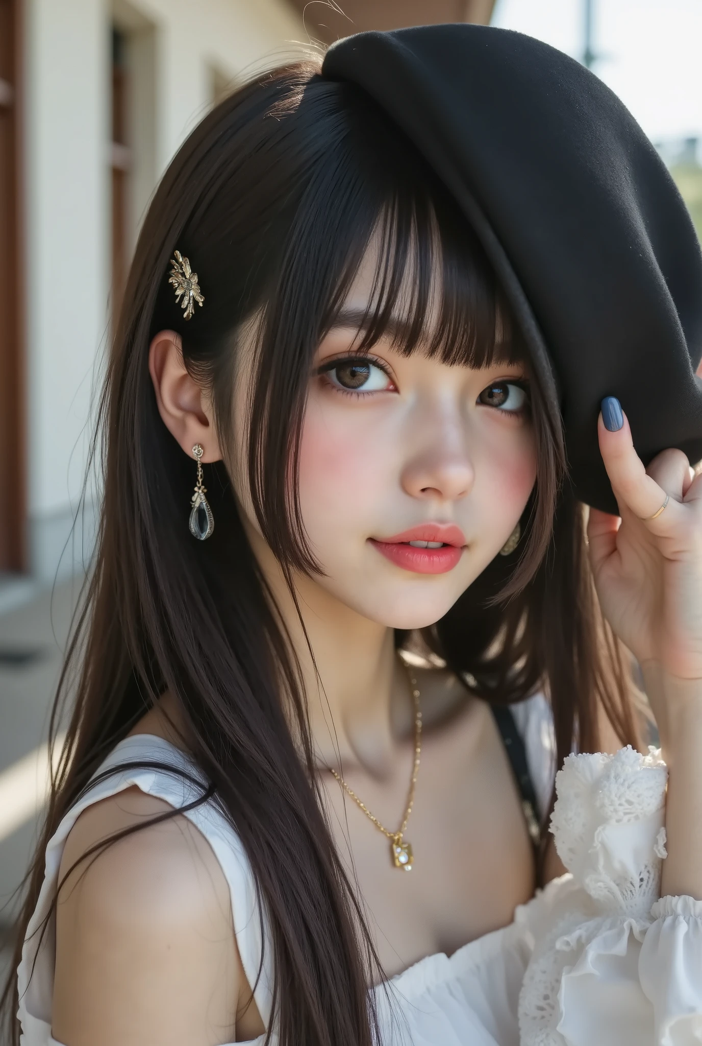 1girl,earrings, necklace, hair clip, holding hat, gentle smile, modern fashion, urban background,masterpiece, best quality, 8k, highres, ultra-detailed,HDR, UHD, professional,photorealistic,