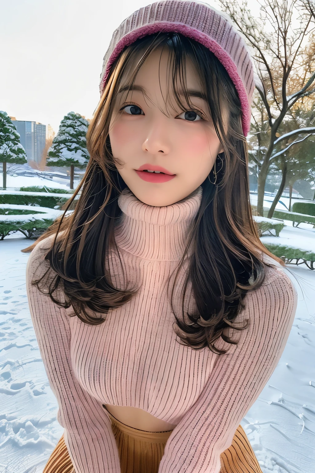 1 Japanese girl,(Denim pants and pink sweater:1.4),(She has a knitted scarf around her neck,Covering the chin:1.5,footwear), (RAW Photos, highest quality), (Actual, realism:1.4),(Pay attention to more than the thighs),Super Skirt, Extremely delicate and beautiful, The content is very detailed, 8k wall, Extremely detailed CG integration, High resolution, Gentle soft lighting, beautiful detailed 25 years old, Highly detailed eyes and face, Beautifully detailed nose, Beautiful Eyes,Light,City lights at night,Perfect Anatomy,elongated body shape,smile (My hair is messy, Asymmetrical bangs, Light brown hair,blue eyes),Cowboy Shot