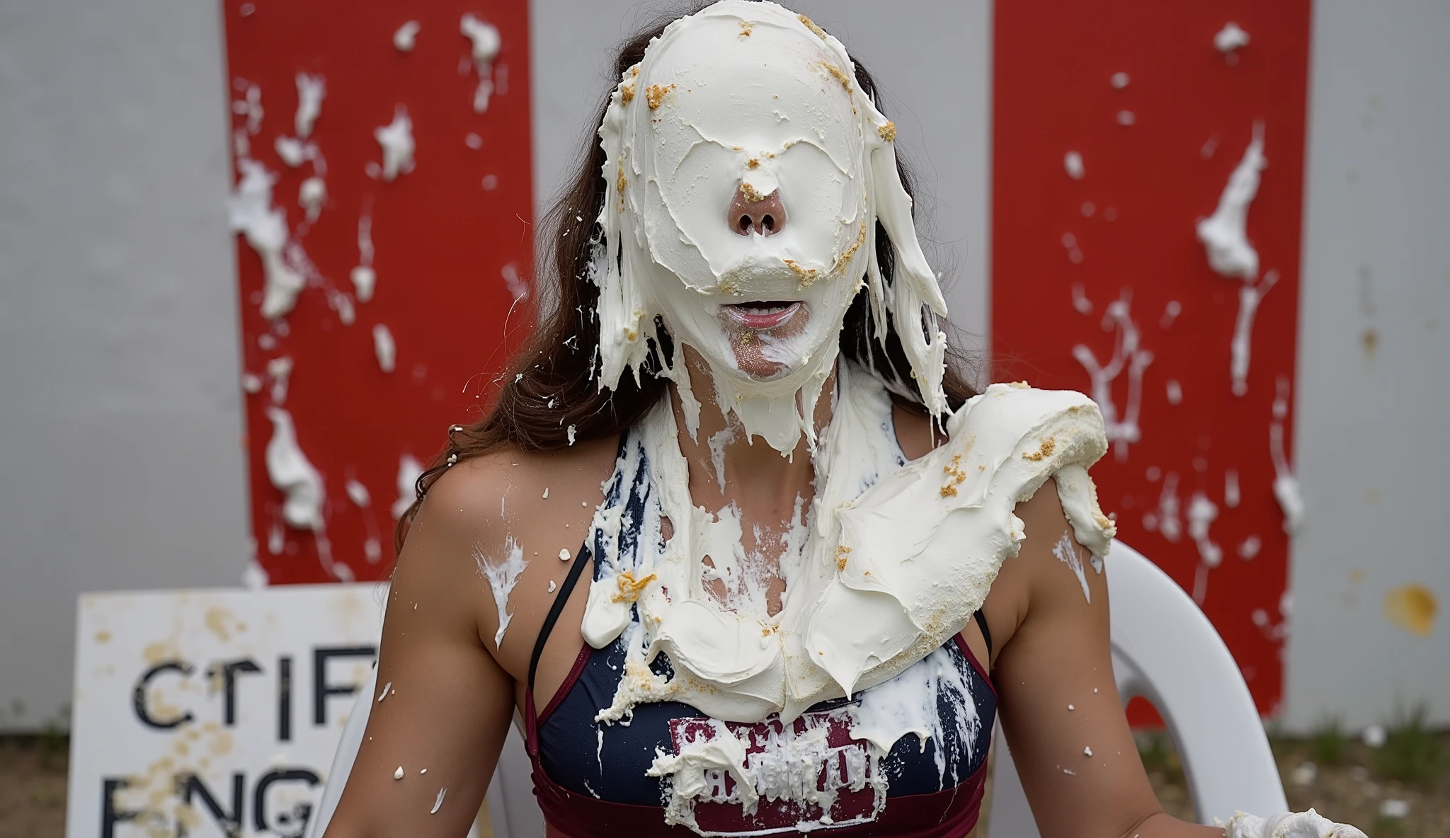 A beautiful 18-year-old girl wearing a cheerleader outfit sits in a plastic chair in a stall at a carnival. There is a sign on the ground next to her with the words "PIE THE CHEERLEADER" written on it. She has been pied several times and her entire face including her eyes, nose and mouth are buried under a thick layer of very thick white pie cream. Her hair is also covered in a thick layer of very thick white pie cream. Her outfit is also covered in a thick layer of very thick white pie cream. Her eyes are obscured. Her nose is obscured. Her mouth is obscured. There is more very thick white pie cream on the chair, on the sign, on the wall behind her and on the ground. Her mouth is closed. Full body shot. Angled view.