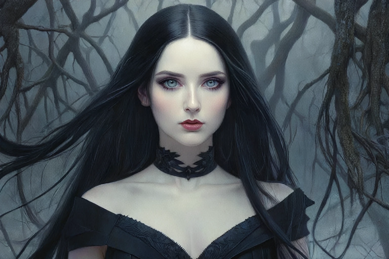 a close up of a woman with long hair and a dress, gothic maiden, gothic maiden anime girl, beautiful vampire queen, dark fantasy style art, gothic fantasy art, gothic art, beautiful vampire female queen, dark fantasy art, gothic maiden of the dark, gothic art style, vampire girl, in style of dark fantasy art, fantasy dark art, gothic princess portrait
