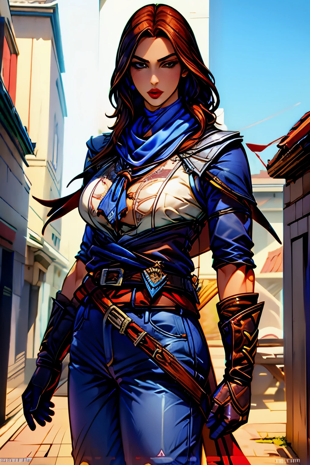 La mujer, botas hasta la rodilla, medias, stockings, (((blue clothes, blue shirt, blue trousers, gloves, neck scarf, belt))), botas altas, ((afternoon, town), muy detallado, Realistic long-term photography, 4k, pelo largo, brown hair, By the chestnut, labios rojos, gargantilla, chocker, sexy,red lips, brown eyes, big breasts, pechos grandes, breasts,Lucia Auditore)))