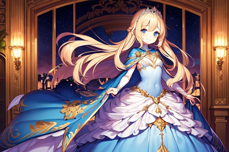 (kawaii),(best quality),(ultra detailed),(rococo style),(long train pastel pink cape:1.15), very long cape,(long train white ball gown with flower decorations:1.1), a girl is wearing a cape over her gown,(she has a western style fan:1.05), 1 little princess, tiara, smile, very long hair, small breasts, beautiful detailed eyes, beautiful detailed lips