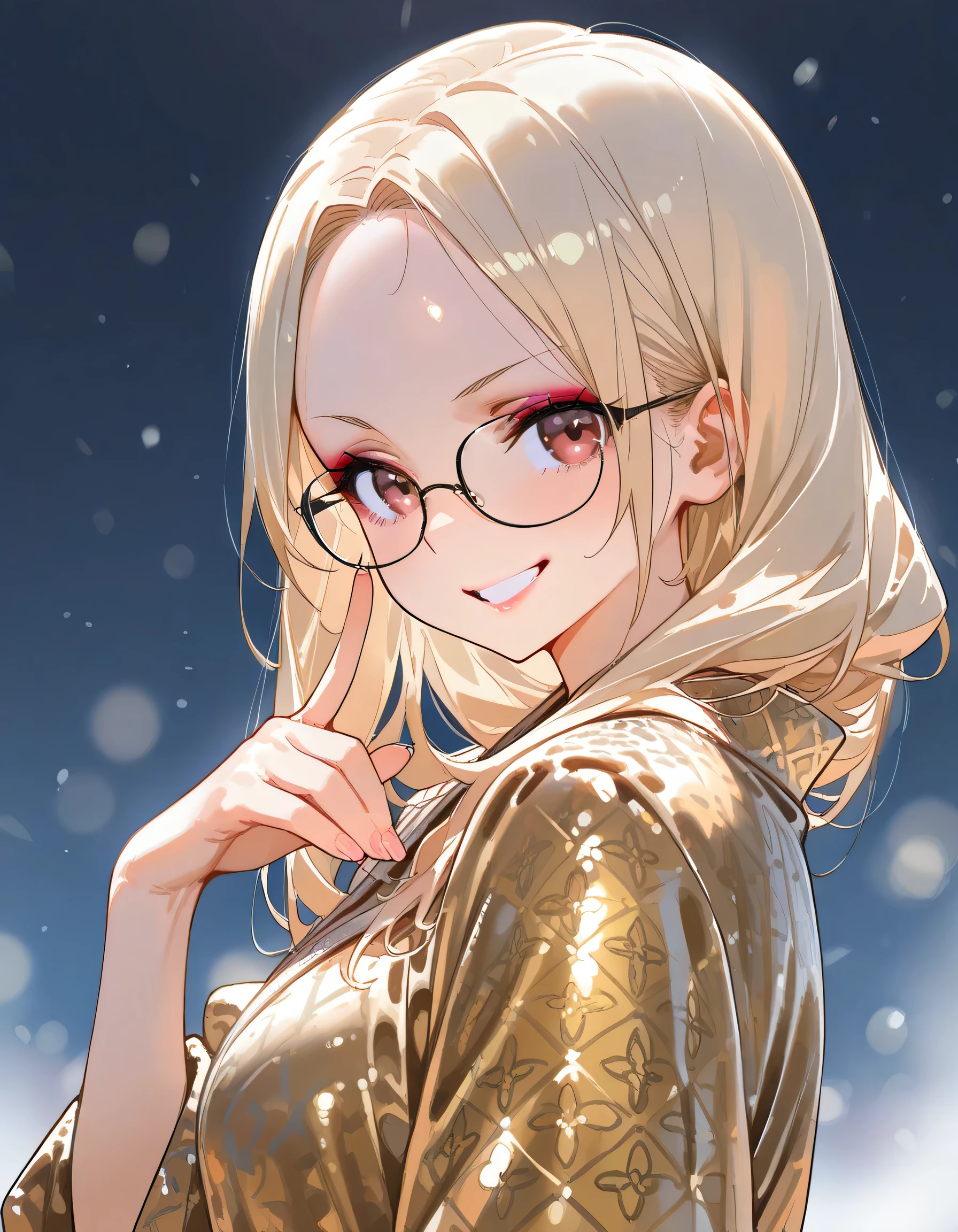 sideview,looking at viewer,Alone,( sexy model pose ),makeup:0.6,glasses,natural cosmetic, blonde shoulder length hair,forehead,Russian,gold cyberpank classic pattern robe,grin.cheek,Beautiful adult female face,shiny skin,