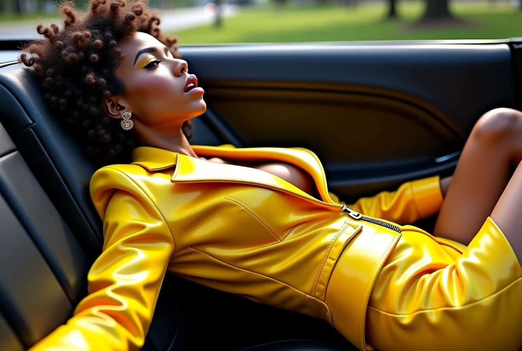 very huge breasts, dark skin, yellow hair, short hair, full body pose, Happy smile, realistic and detailed hands, realistic and detailed face, realistic and detailed tooth, realistic and detailed foots, realistic and detailed face, aviator sunglasses, red short kimono, sitting in front of the car, dawn.
