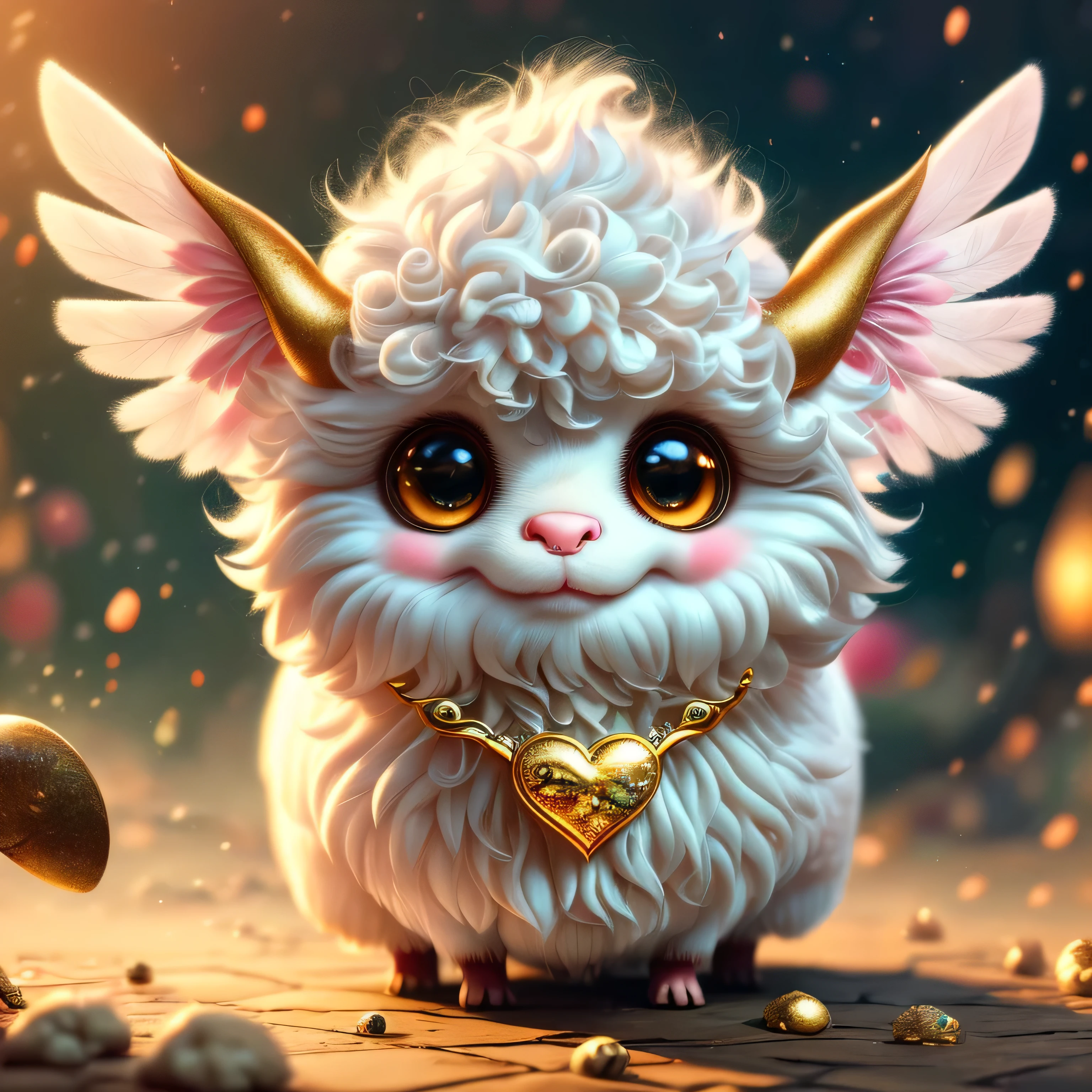 Realistic airbrush, An agathion with a cute, chibi-like appearance. This agathion should have sheep-like horns, a white fluffy head, and pink wings. In his hands, he holds a clenched harp with a heart on it, and golden sparkles shine around him, emphasizing his magical and rare nature. The background should be fantastical and magical, in the sky it says, So Cute!Octane Rendering,Grain,Noise,Concept Art,Detailed Painting,Digital Illustration,Super Detailed Fantasy Art, Digital 3D Art, Sharp Focus, Masterpiece, Fine Art