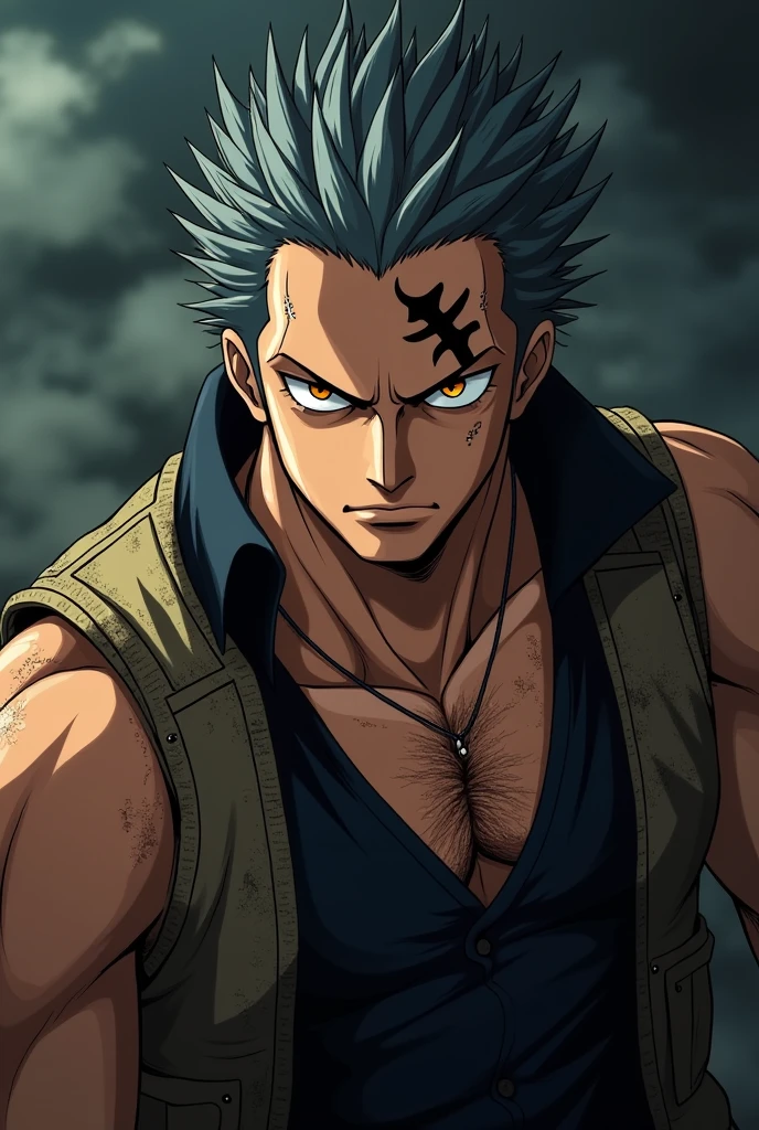 Anime One Piece style, dynamic lighting, dramatic, high detail, vibrant colors, a portrait of a stern-faced man with a square jaw, deep-set amber eyes with black veins, and a jagged scar across his forehead and eyebrow. He has short, dark gray, spiky hair that looks wind-swept and matted with dirt. He wears dark, worn and tattered clothing with visible stitching and a patched-up leather vest. The clothing has visible stains and grime. He has a tattoo of a cracked turtle shell on his left shoulder. He has sharp facial features, dark and serious. He has a strong presence and a piercing gaze, but his skin is weathered and lined with dirt, and he has a noticeable smell of stale smoke and unwashed clothes. His hands are calloused and his fingernails are broken and dirty.
