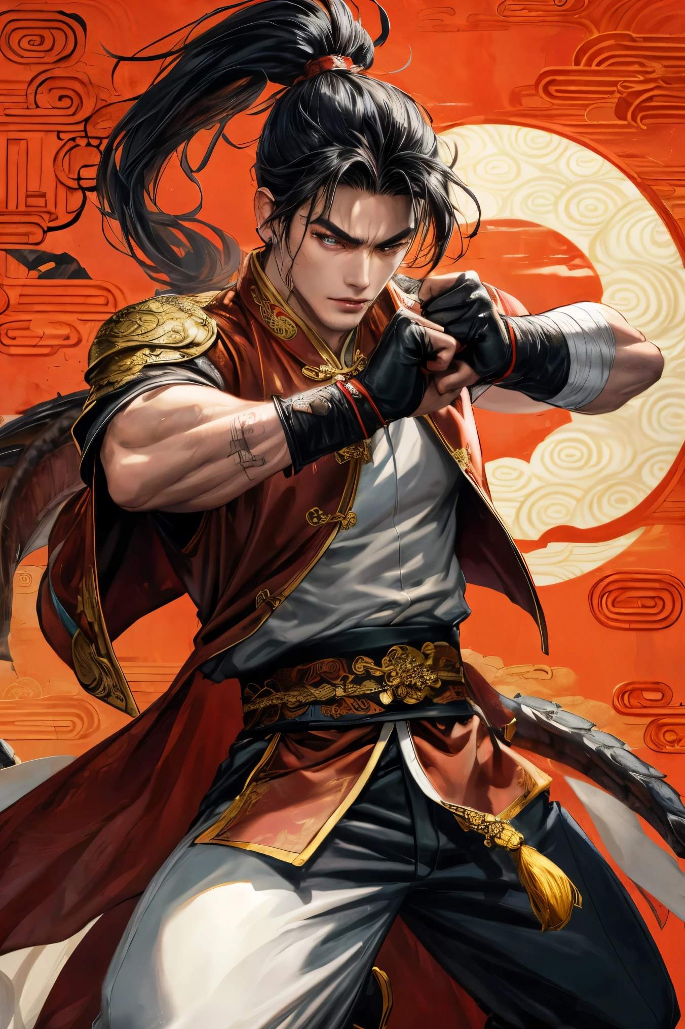 One was dressed in a red robe，The man wearing the crown stood in front of the crowd, bian lian, xianxia hero, chinese three kingdoms, Inspired by Cao Zhibai, inspired by Wu Daozi, inspired by Dong Yuan, inspired by Wu Bin, inspired by Li Kan, inspired by Xuande Emperor, hua cheng, feng shu, heise jinyao