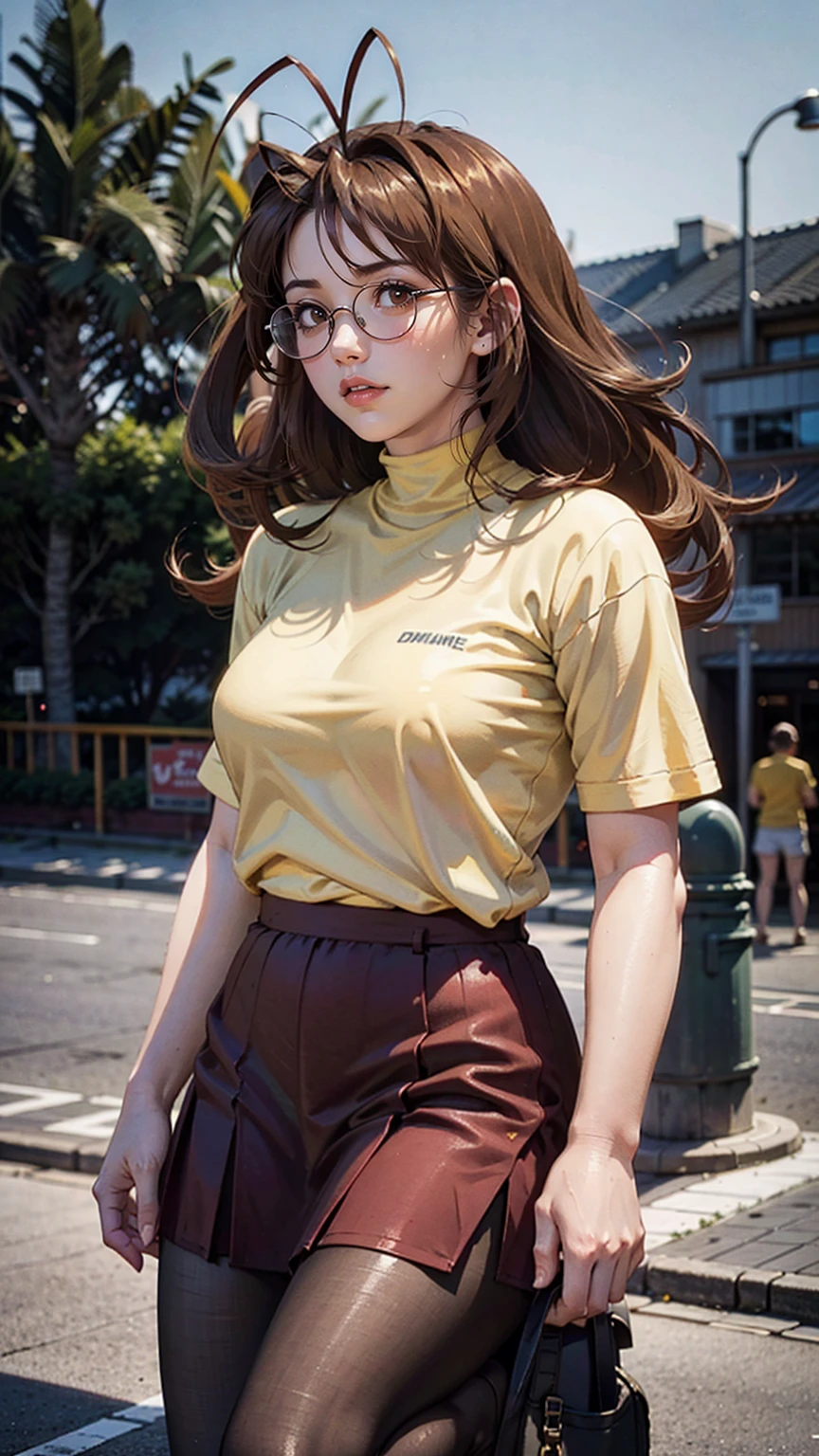 1 girl, full body, brown curly hair, school clothes, light green leggings, thin shins, thick thighs, brute ass