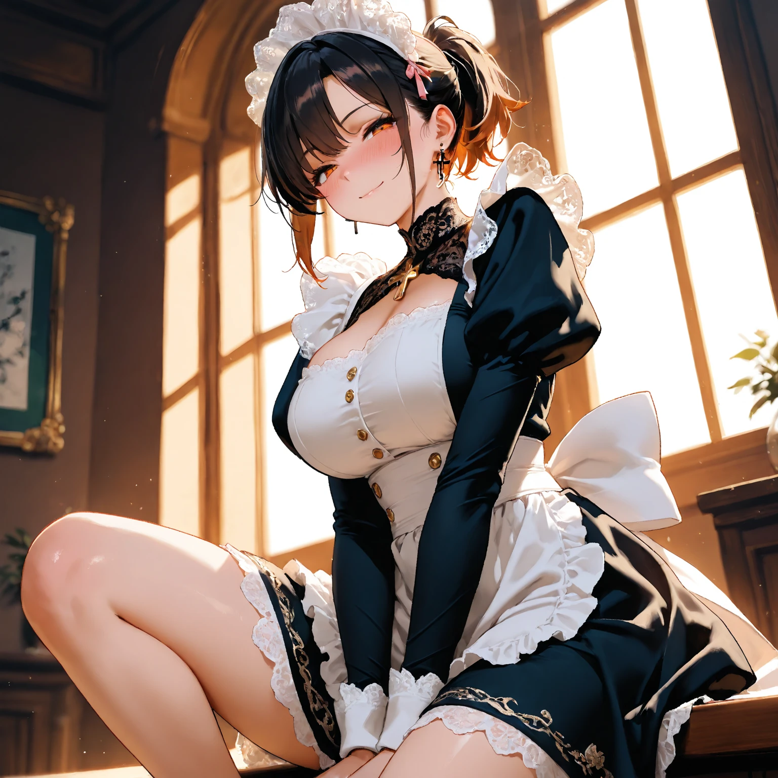 Highest quality,Highest Resolution,Smiling beautiful woman in maid leotard,Super High Leg,Knee-high stockings,Very beautiful eyes,Standing posture,Place your hands behind your head.,Bedroom,Night view outside the window,Frills,Tback,whole body,up,