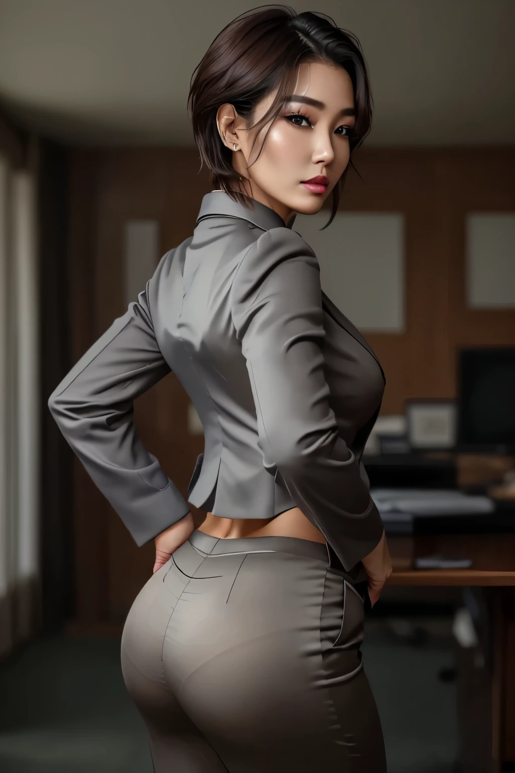 (Best quality, 8k, 32k, Masterpiece, UHD:1.2), 1girl, beautiy Japanese woman, narrow waist, grey suit, white shirt, office lady, suit, pants, from behind, office room, desk,  (stick out one's buttocks:1.2), detailed face, short hair,