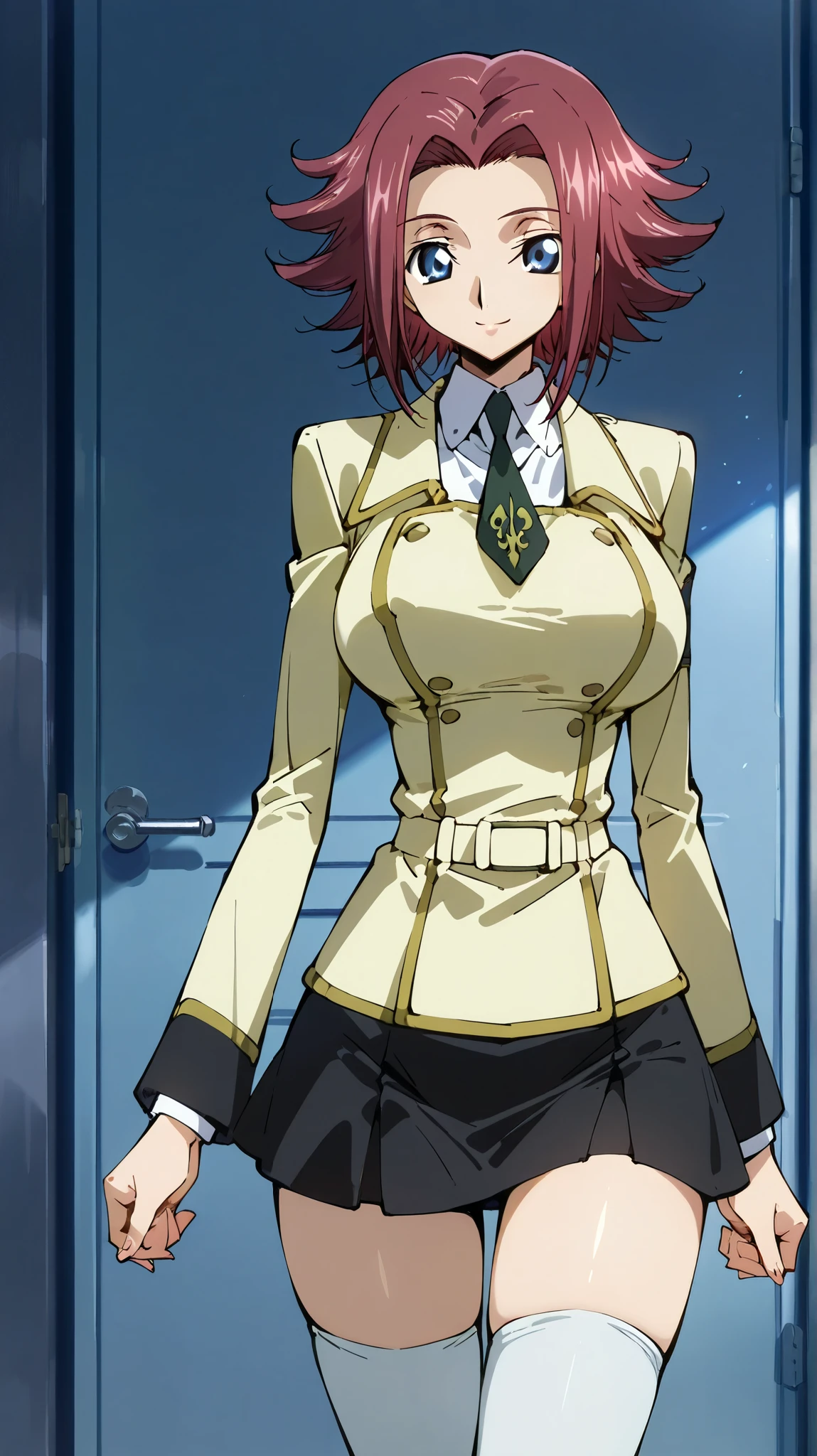full body,cowboy shot,from front,

 (extremely detailed CG,masterpiece, highres icon,absurdres,4K,f 2.8 lens), 1girl,mature_lady,alone, ( small face), pubic skin, Of light, charming body,Lewd Curves, 

electile nipples through clothes, 

happy smile,

 Kallen,Code Geass art style,Red Hair, short hair, Upside down hair, blue eyes, big breasts, Ashford Academy Uniforms, shirt, jacket , Long Sleeve, tie, skirt, white thigh-length high socks,