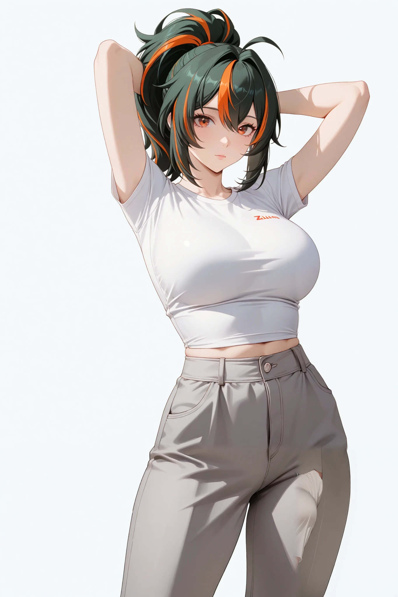 masterpiece, extremely detailed,4k,solo,1girl,adult ,((fullbody)),zhu yuan, klimaks ekspression,stand up,ponytail streaked hair,slim body, sexy legs,large breasts,white tshirt,short grey pants,arms behind head,housewife,soft light, high detailed, best quality, upper body,, white plain background ,white background,looking at viewers,front look,sexy pose, photography,cowboy shot,front look