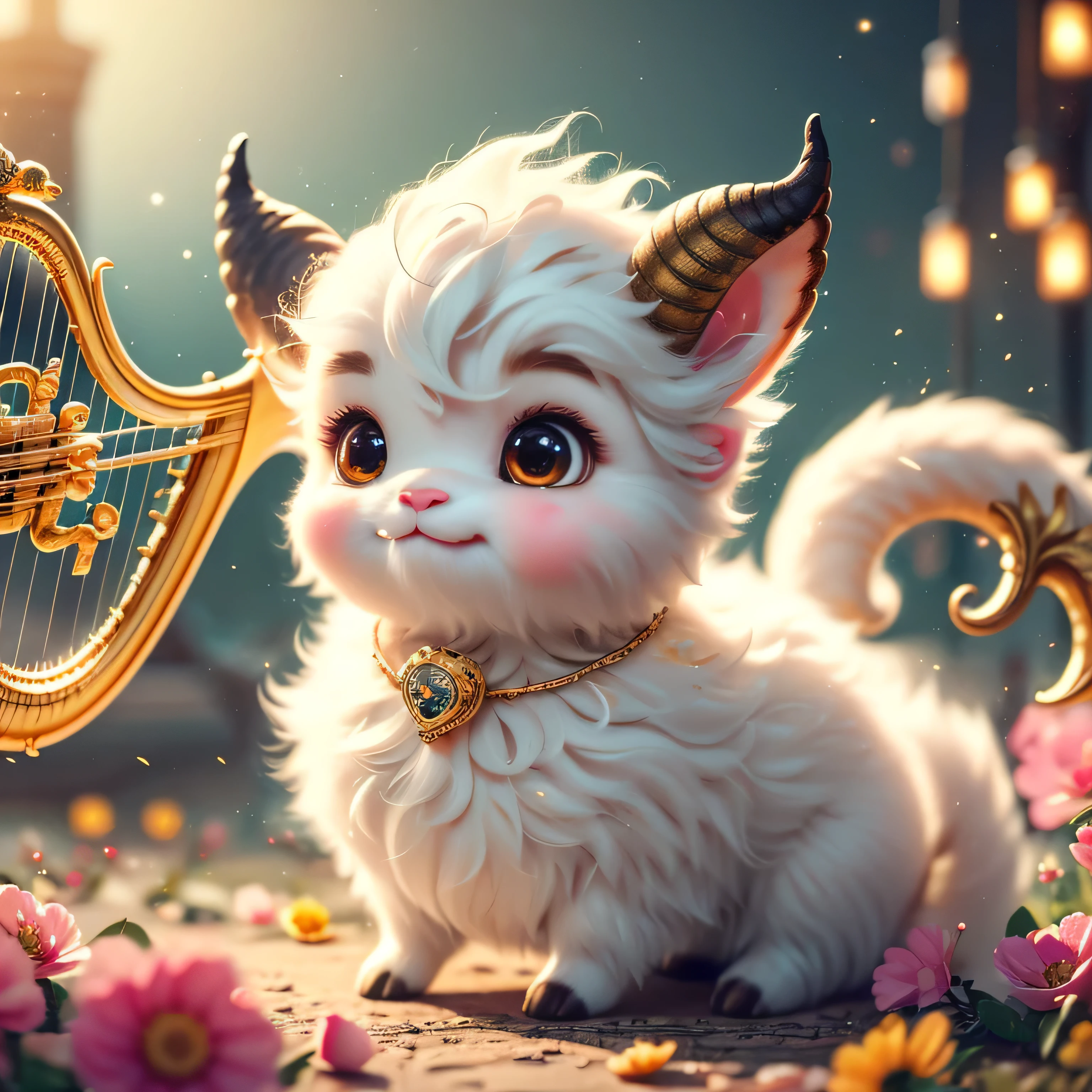 Realistic airbrush, An agathion with a cute, chibi-like appearance. This agathion should have sheep-like horns, a white fluffy head, and pink wings. In his hands, he holds a clenched harp with a heart on it, and golden sparkles shine around him, emphasizing his magical and rare nature. The background should be fantastical and magical, in the sky it says, So Cute!Octane Rendering,Grain,Noise,Concept Art,Detailed Painting,Digital Illustration,Super Detailed Fantasy Art, Digital 3D Art, Sharp Focus, Masterpiece, Fine Art