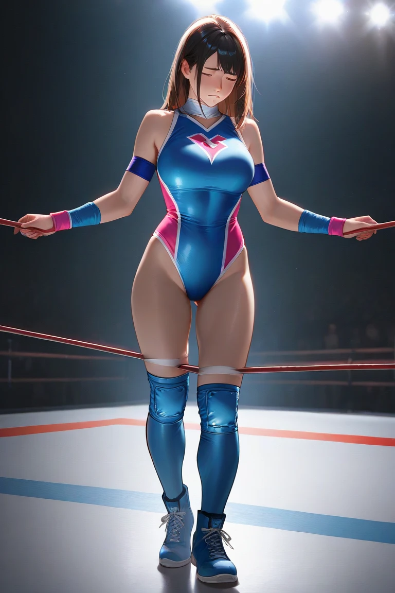 full body photographed、(highly detailed:1.2) ,ultra-detailed,top-quality,hight resolution,japanese mature woman,she is 35 years old,profile view,Big eyes、white sporty boots、knee brace,white competition swimsuit,gleaming skin,pro-wrestling venues、female pro-wrestler、（（On the ring of pro-wrestling：1.3））、tiny tit,skinny,（standing:1.3）,sweating,steam,serious face,shot from side,looking distantly.