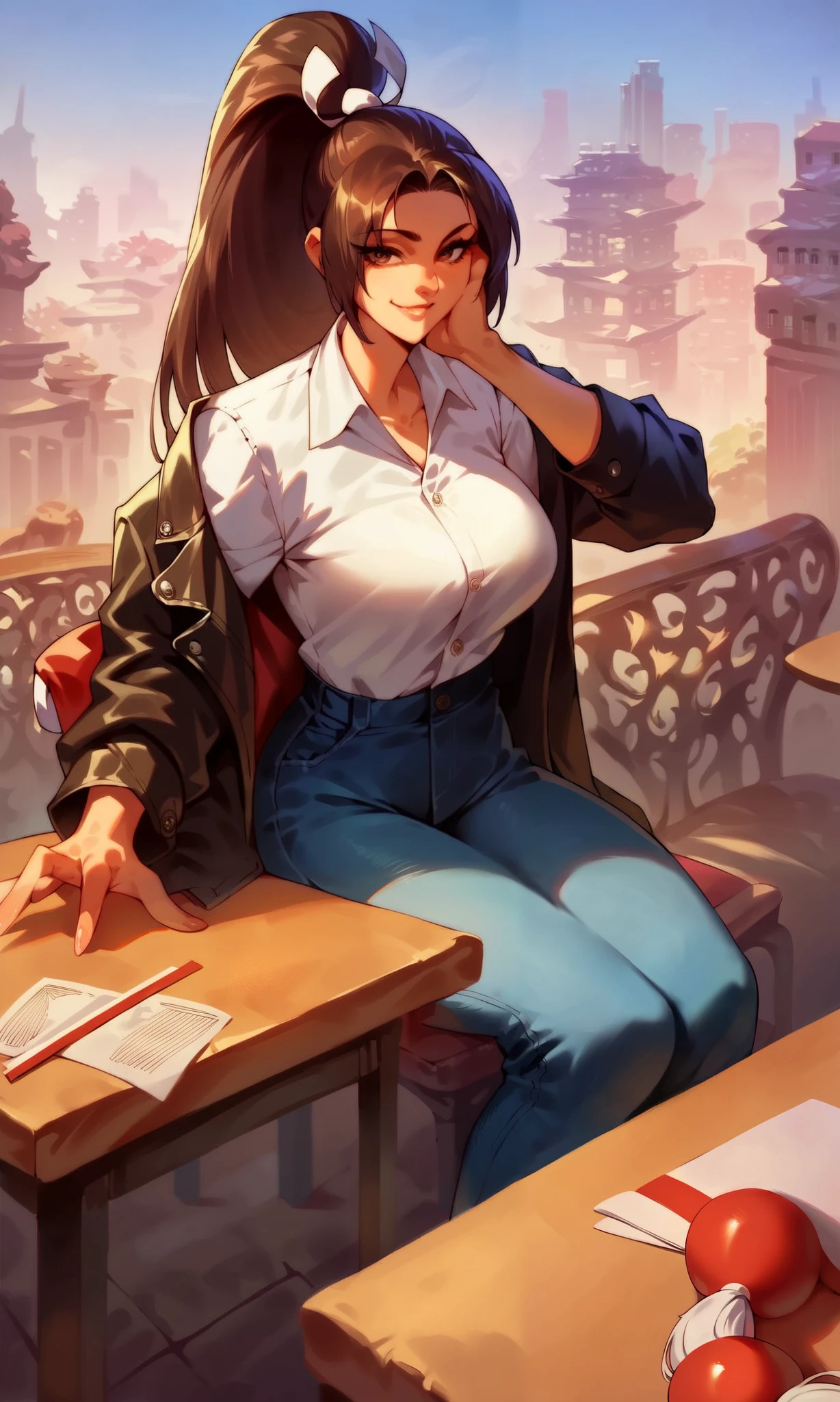 score_9, score_8_up, score_7_up, score_6_up, source_cartoon, BREAK masterpiece PonyShiranui, high ponytail, white shirt, shirt tucked in, jeans, black jacket, long sleeves, smile, sitting, city, chair, table, leaning on face, leather jacket, large breasts, long sleeves,