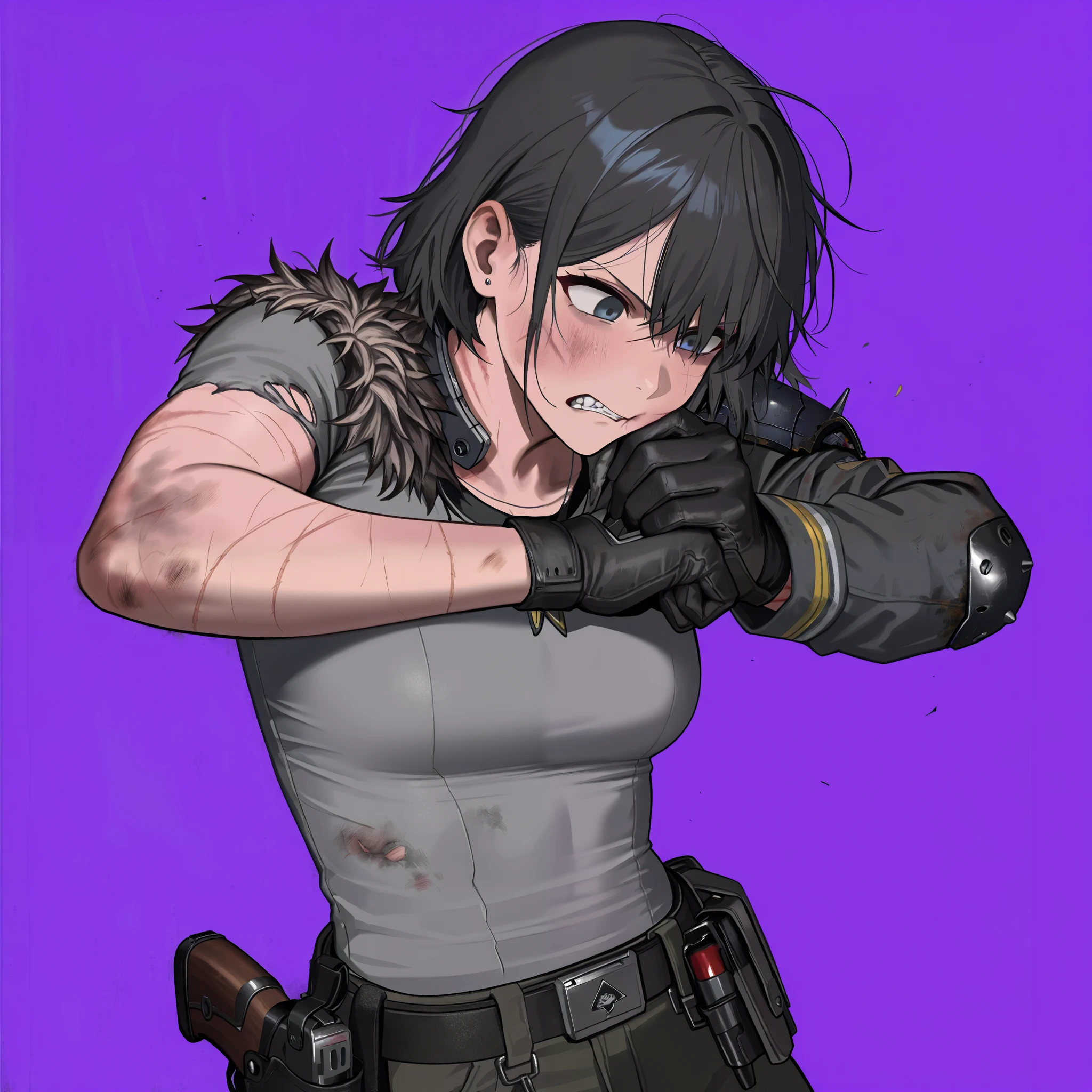 1woman, solo, (simple background), purple background, (upper body at the waist), weathered, gritty, and worn-out appearance, tall, athletic build, with visible scars and dirt smudges, (expression: determined, with a hint of desperation and a slightly clenched jaw), _Masterpiece, top quality, high definition, detailed face, clean eyes, (dynamic composition with softly blurred background, contrasting with sharp, gritty textures on clothes and skin), (right hand grasping a makeshift, heavily modified, and worn-out cyberdeck, with exposed wires and microchips), (left hand resting on the waist, near a holstered, custom-made pistol with visible scratches and rust), (ragged, dark grey, and black, pieced-together outfit, resembling a mix of scavenged military and punk elements, worn clothes, sewn holes, torn clothes, burnt clothes,