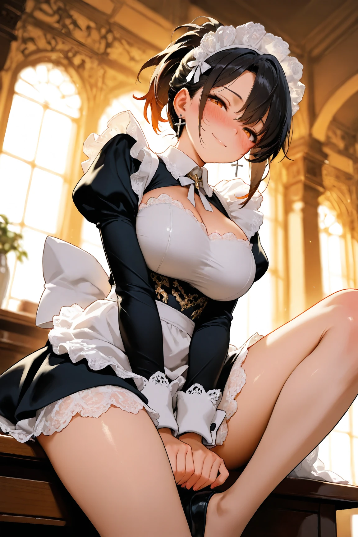 ((Correct Anatomy)),Highest quality, High resolution, (Maid),(mini skirt),(Beautiful legs),(Black knee high sock),Intense masturbation, blush, Embarrassing, smile,The whole body is sweating,Big Breasts,Ahegao,(Black Pantyhose)
