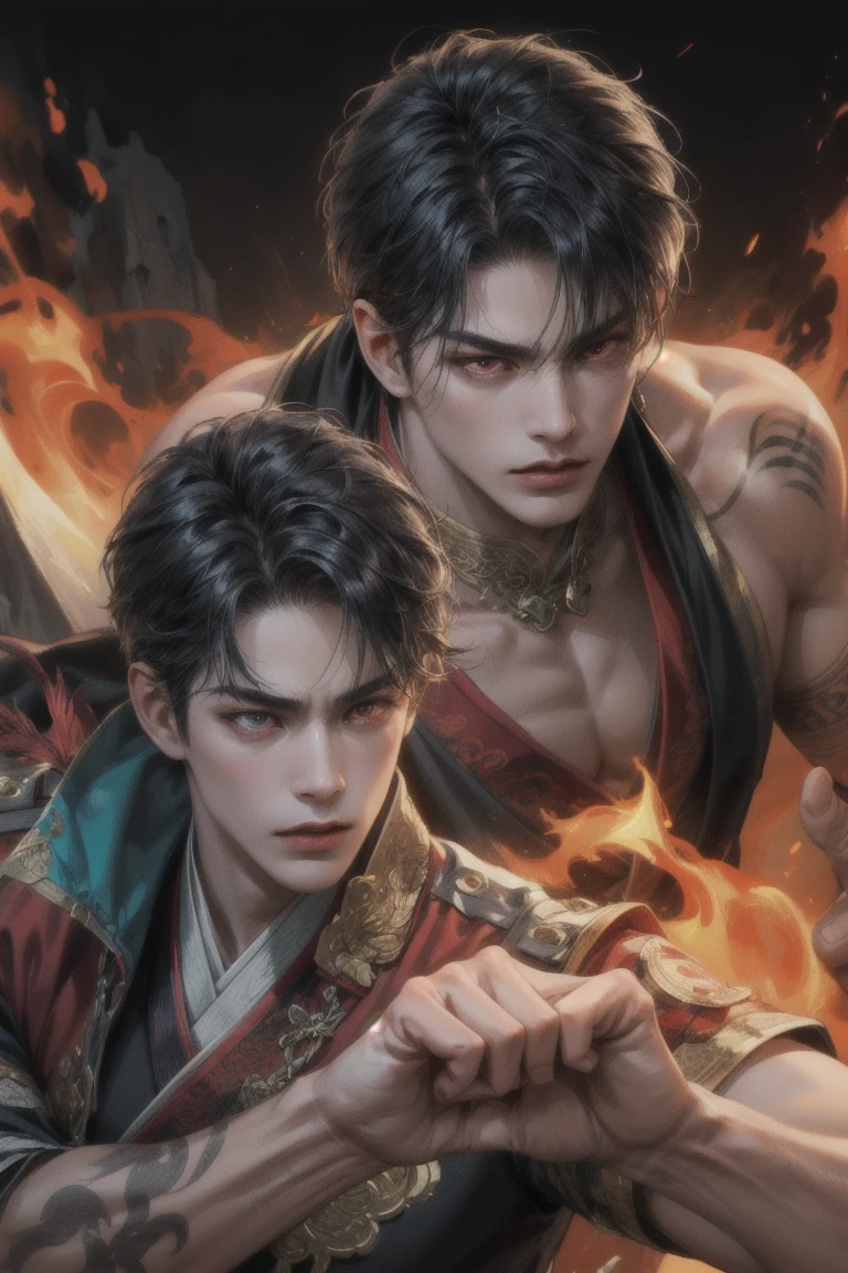 Asian Male Warrior Tribe God of Fire, folha de design de personagem, refer ence sheet, Diferentes poses, corpo muscular, cabelos longos brancos, cabelos brancos, different angles, plano de fundo simples, plano de fundo de uma cor, cabelos longos