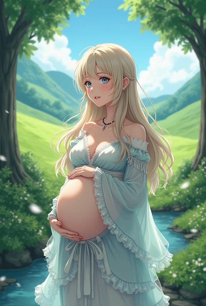 In the evening, a female character in fantasy style sits on an old tree, her facial features are extremely beautiful, long hair, elegant hair, blue and white pottery long skirt, layered skirt, dynamic pose, front view, perfect composition, stream, waterfall, starlight, fireflies, white flowers, splashing water, looking from the bottom up, Ning Rongrong, pregnant, pregnant, pregnant,